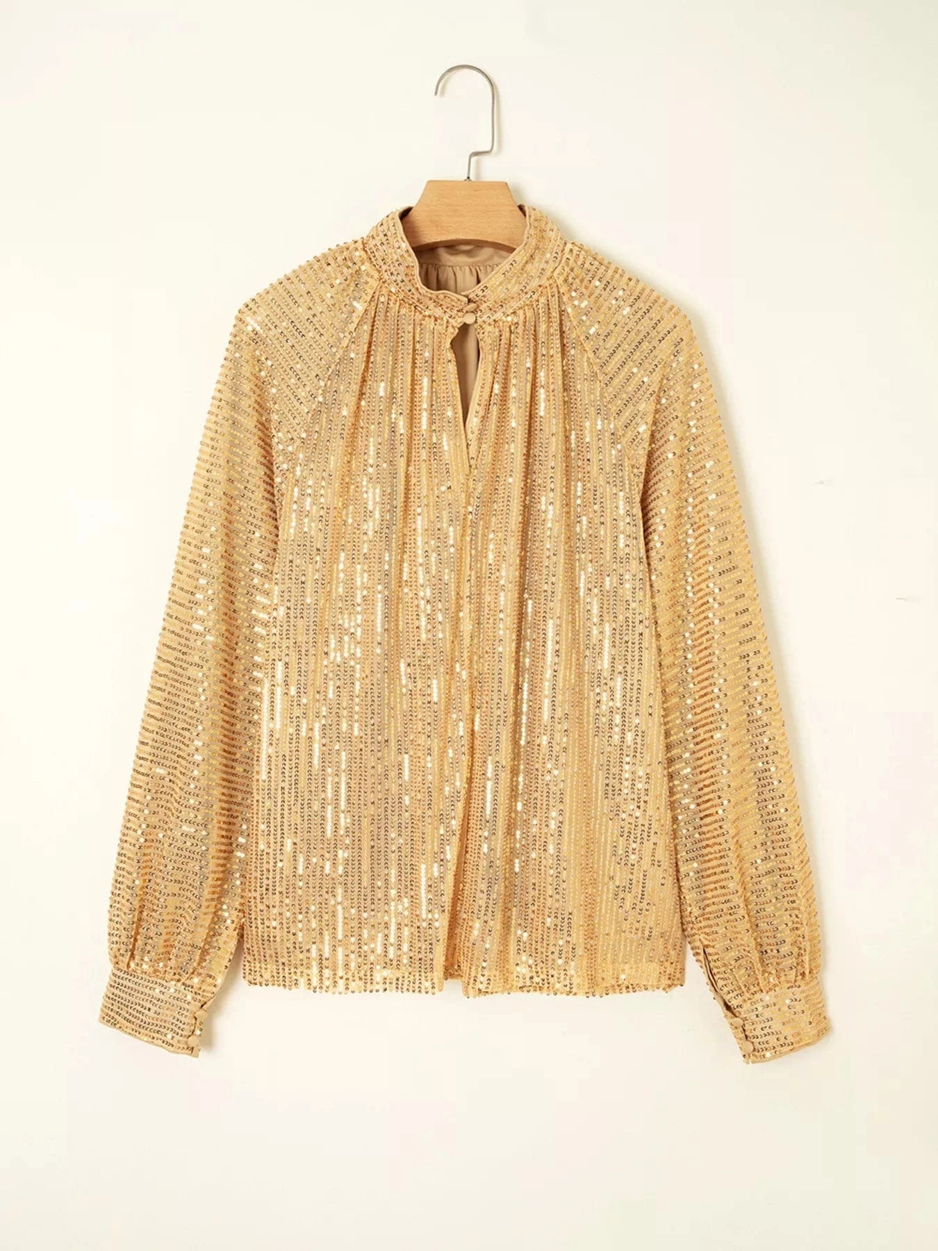 Metallic Balloon Sleeve Buttoned High Neck Loose Blouse Tops and sweaters and T-Shirts