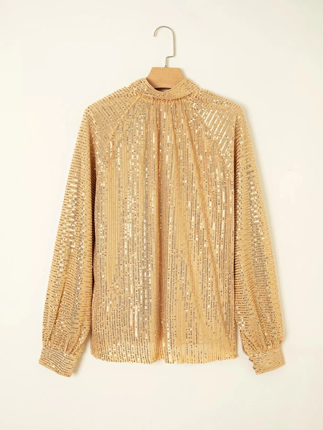 Metallic Balloon Sleeve Buttoned High Neck Loose Blouse Tops and sweaters and T-Shirts