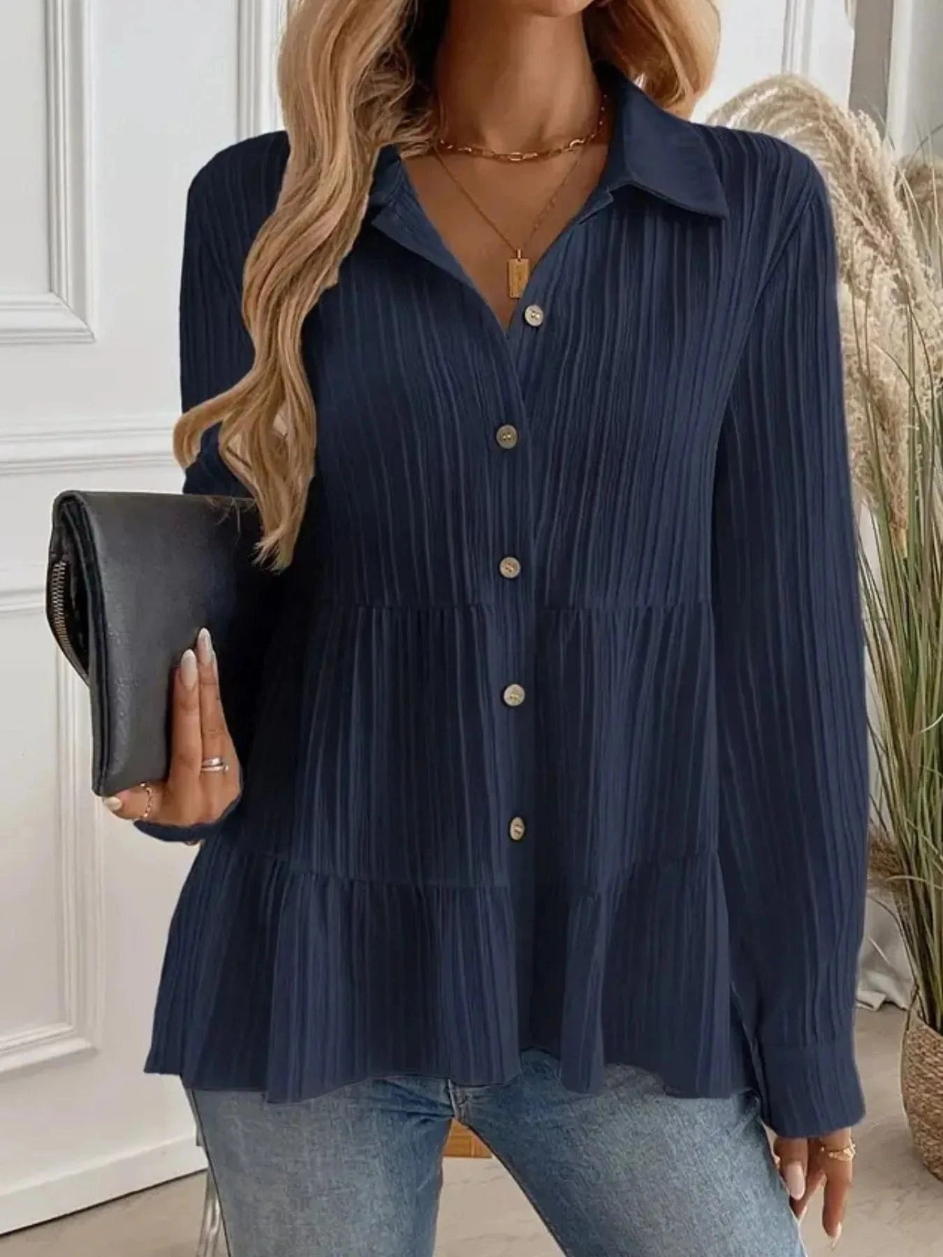Navy Blue Striped Button-Down Tiered Shirt Tops and sweaters and T-Shirts