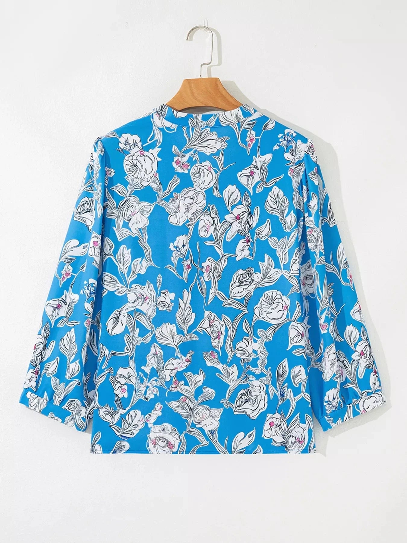 Notched Floral Print 3/4 Puff Sleeve Blouse Tops and sweaters and T-Shirts