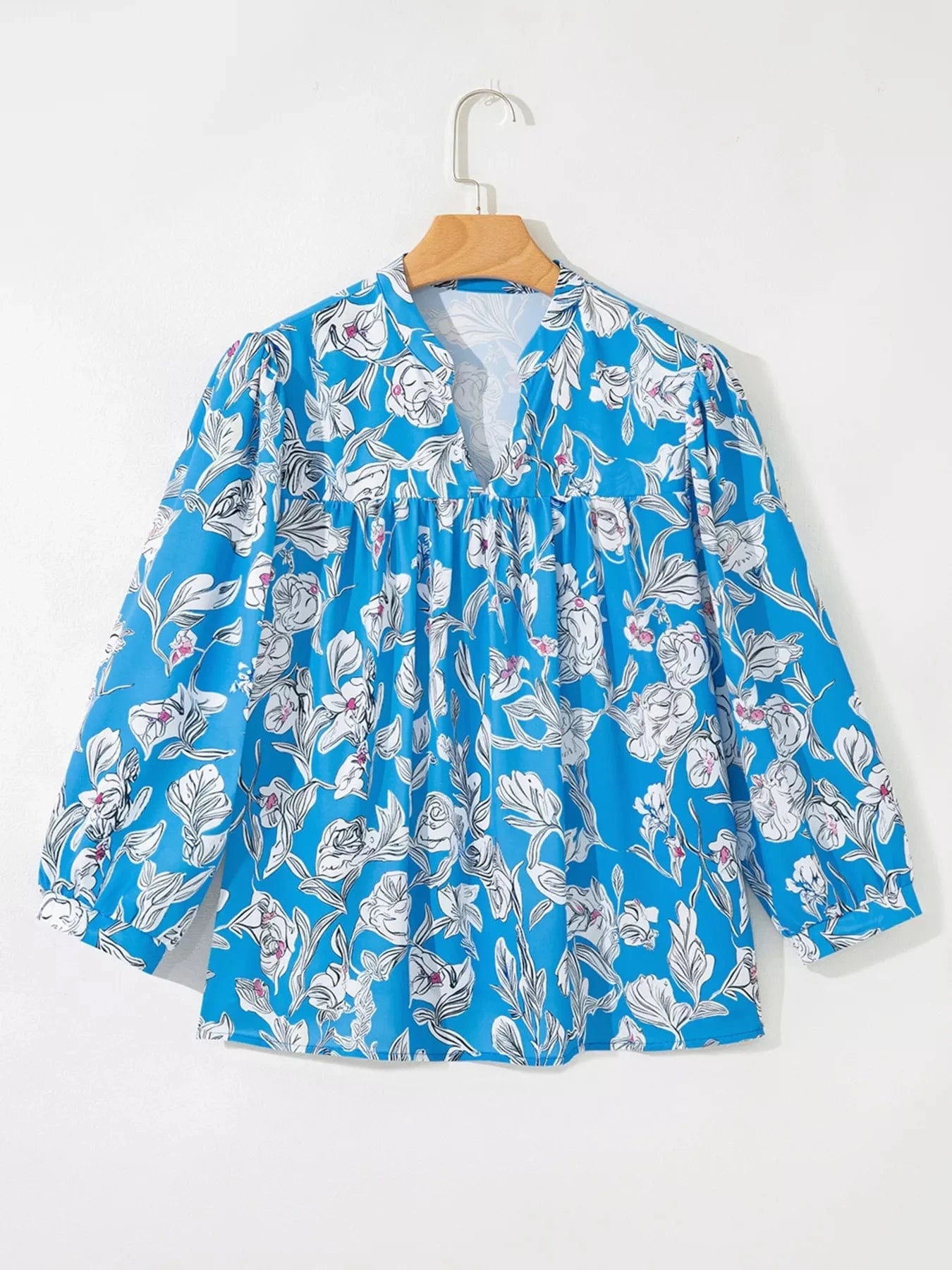 Notched Floral Print 3/4 Puff Sleeve Blouse Tops and sweaters and T-Shirts
