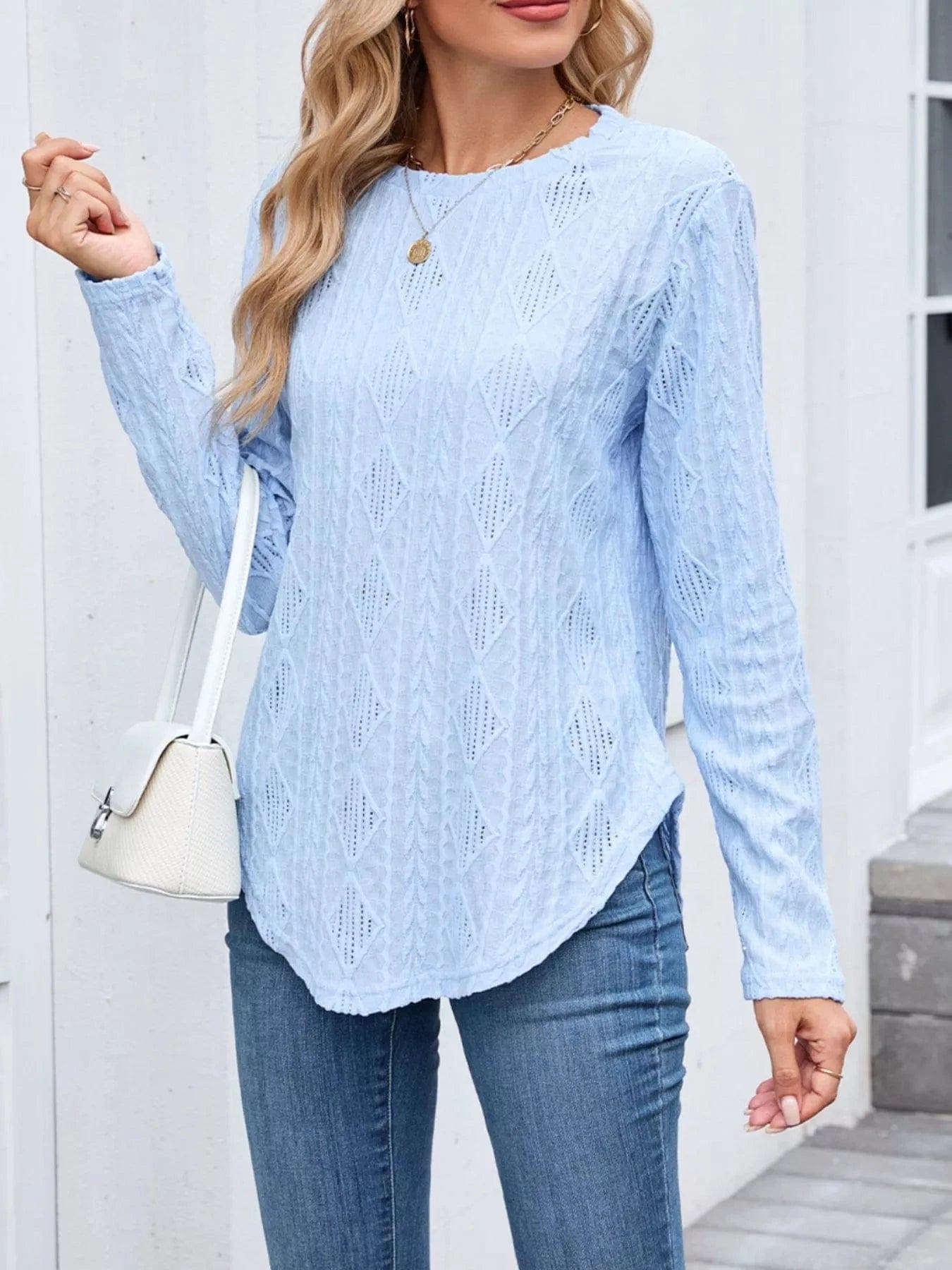 Openwork Textured Long Sleeve Top Tops and sweaters and T-Shirts