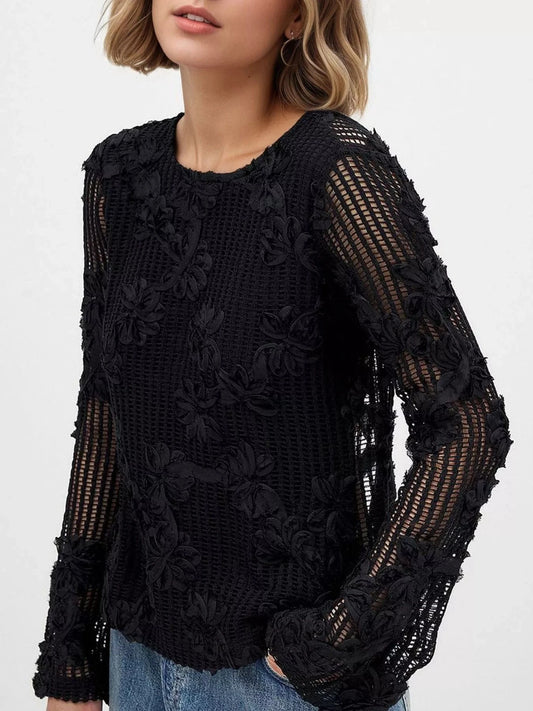 Openwork Tied Back Long Sleeve Blouse Tops and sweaters and T-Shirts
