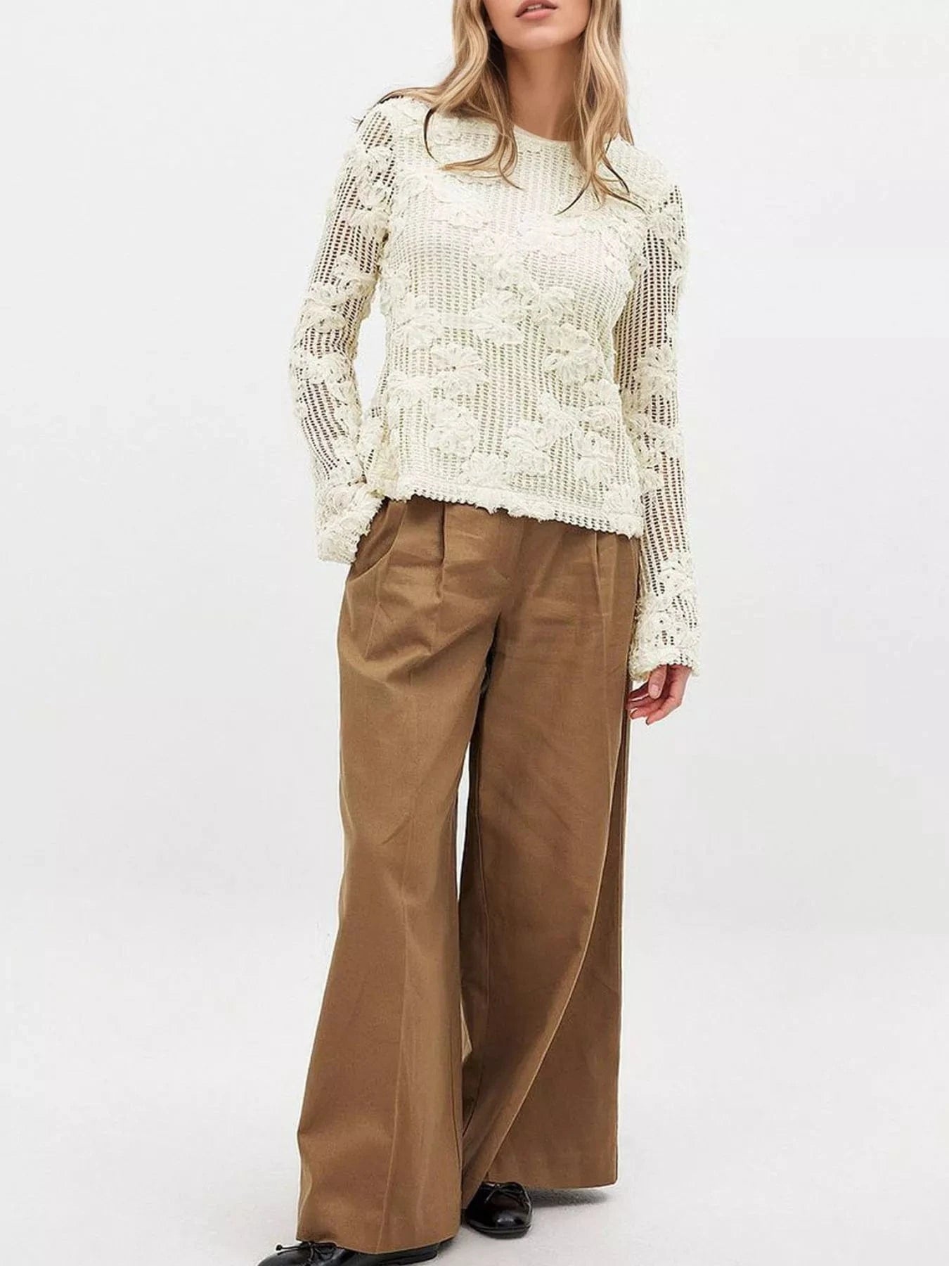 Openwork Tied Back Long Sleeve Blouse Tops and sweaters and T-Shirts