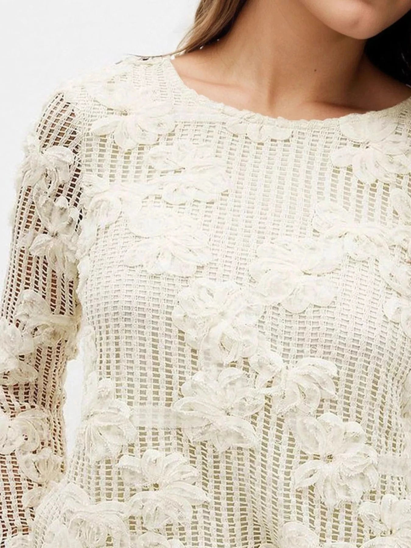 Openwork Tied Back Long Sleeve Blouse Tops and sweaters and T-Shirts