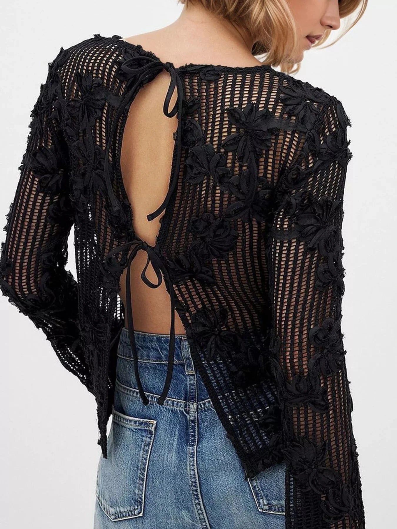 Openwork Tied Back Long Sleeve Blouse Tops and sweaters and T-Shirts