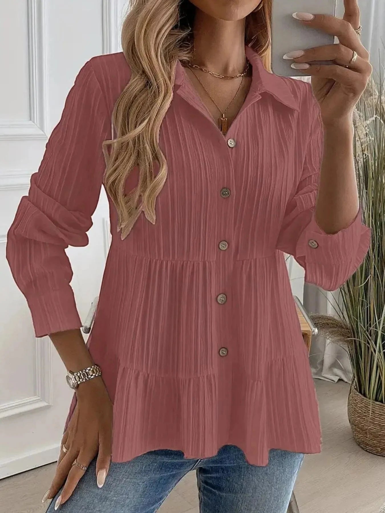 Peach Color Striped Button-Down Tiered Shirt Tops and sweaters and T-Shirts