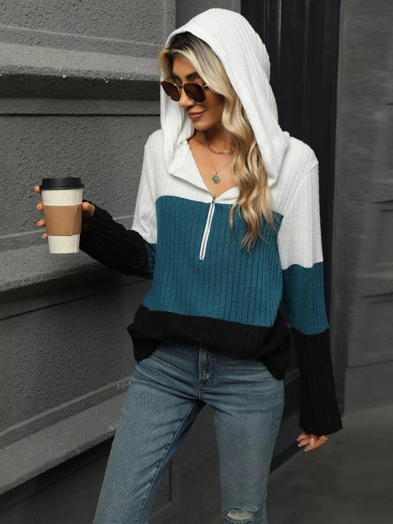 Peacock Blue Color Block Half Zip Hooded Top Tops and sweaters and T-Shirts