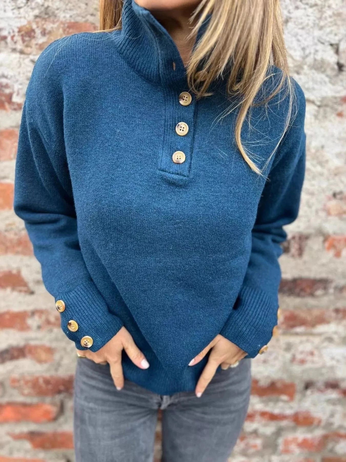 Peacock Blue Full Size Button-Detail Turtleneck Sweater Plus Size Tops and sweaters and T-Shirts