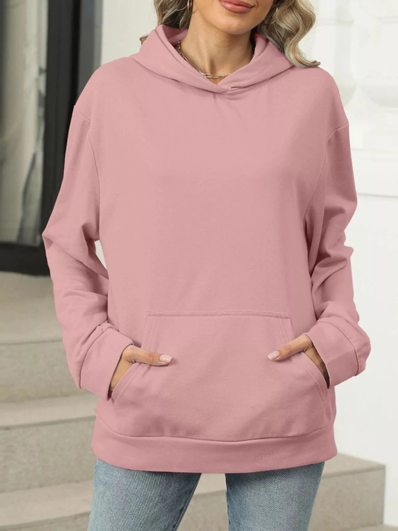 Pink Kangaroo Pocket Long Sleeve Hoodie Tops and sweaters and T-Shirts