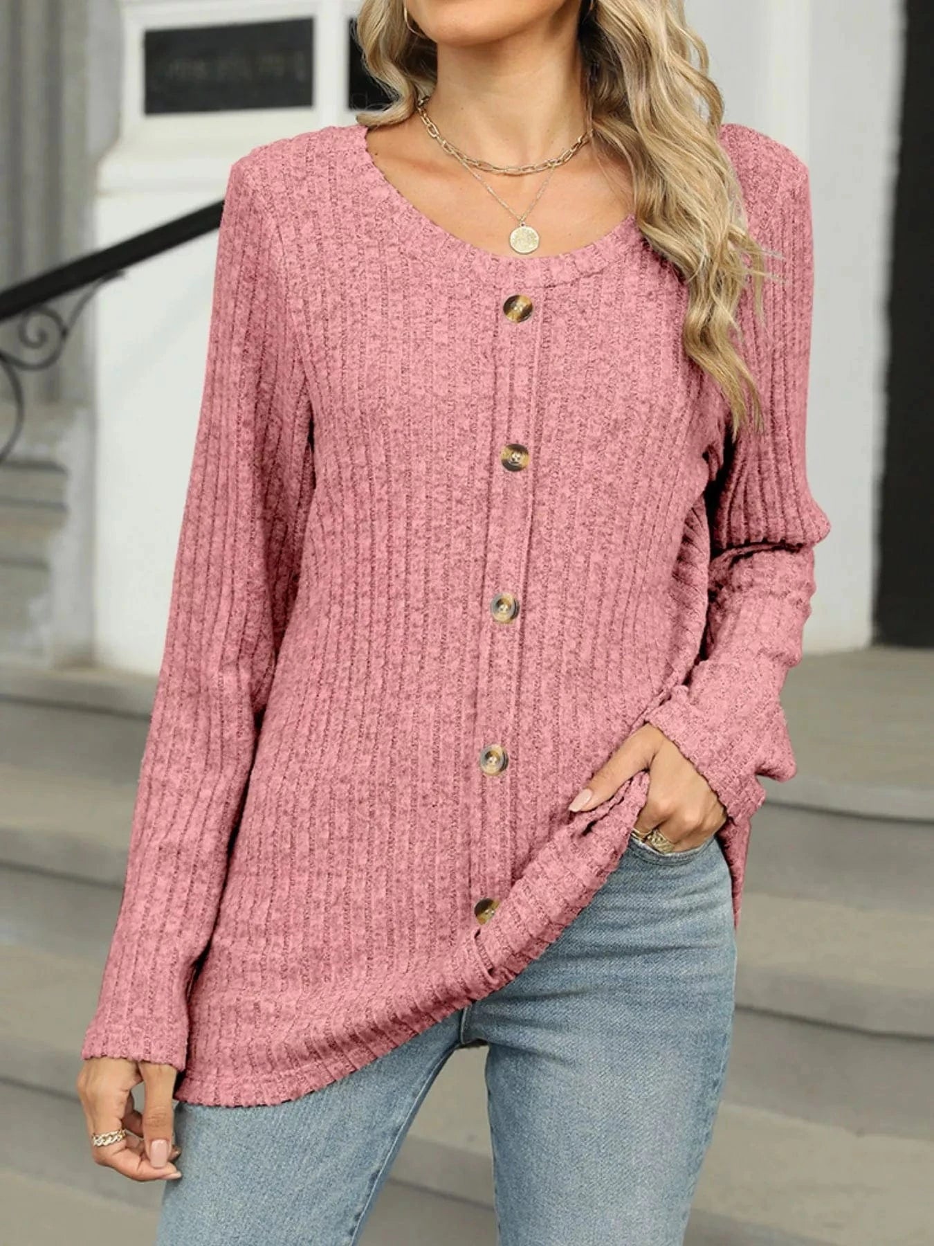 Pink Ribbed Round Neck Long Sleeve Top Tops and sweaters and T-Shirts