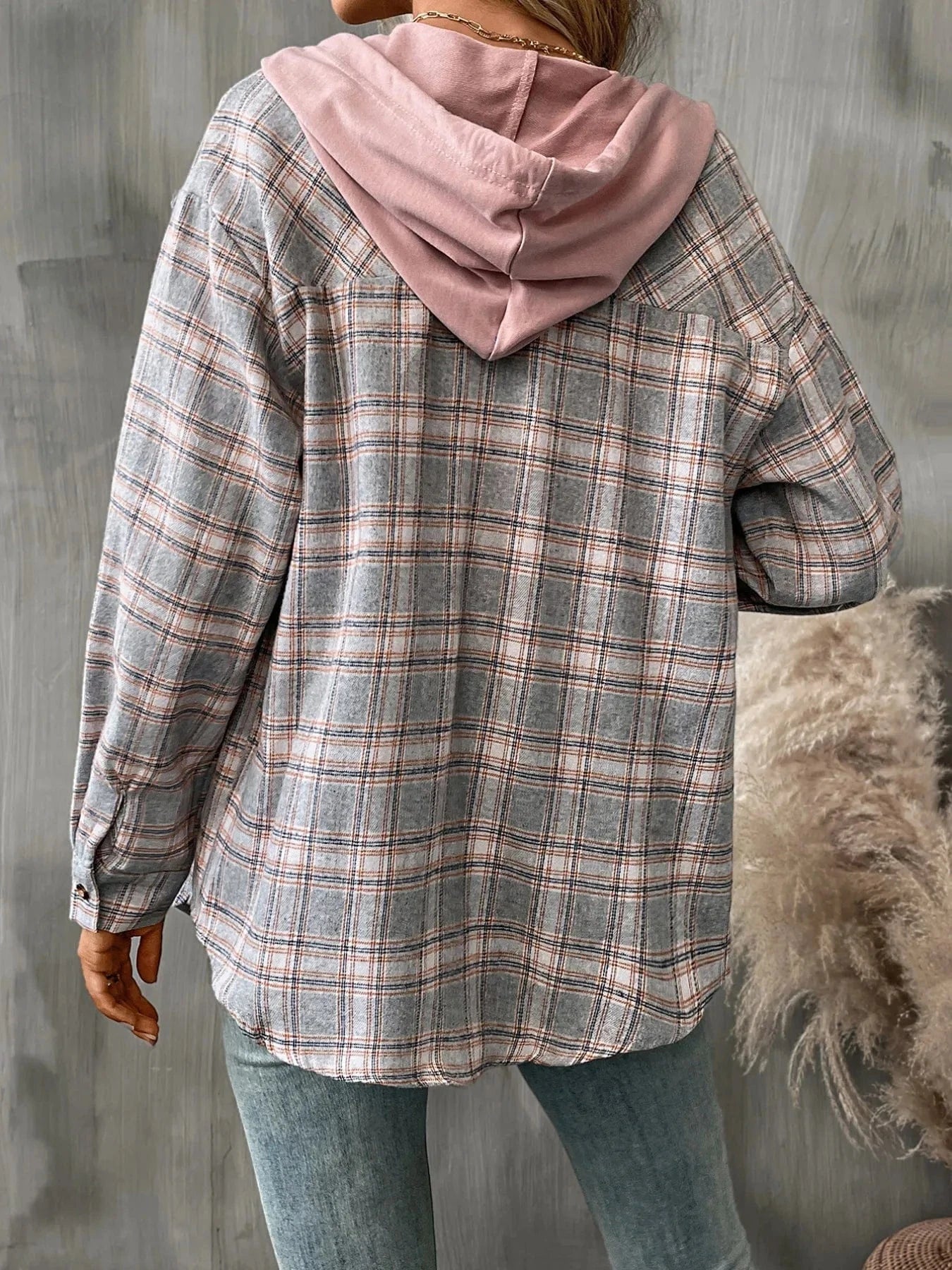 Plaid Button-Up Hooded Shirt Tops and sweaters and T-Shirts