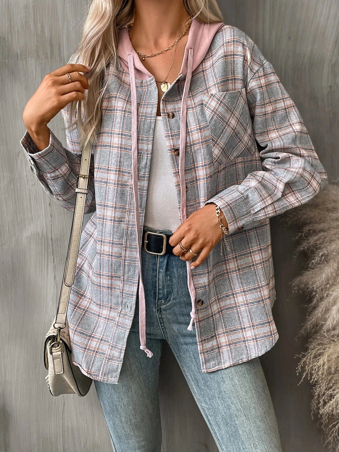 Plaid Button-Up Hooded Shirt Tops and sweaters and T-Shirts