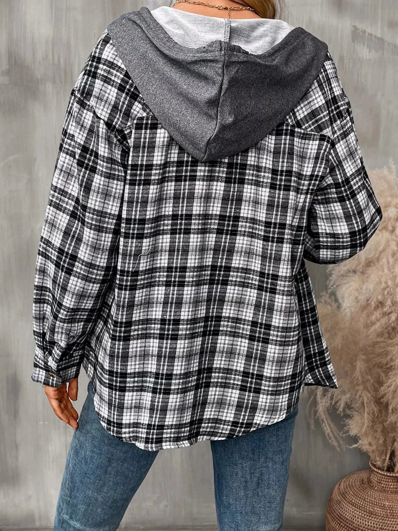 Plaid Button-Up Hooded Shirt Tops and sweaters and T-Shirts