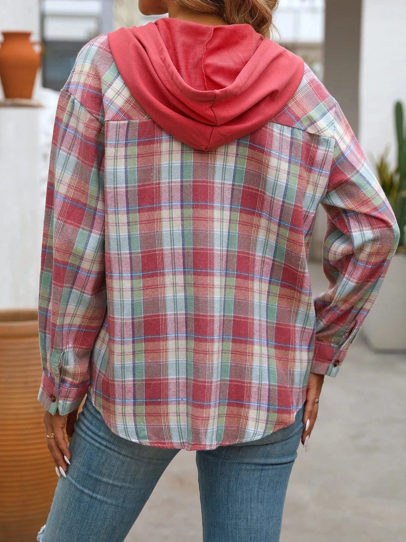 Plaid Button-Up Hooded Shirt Tops and sweaters and T-Shirts