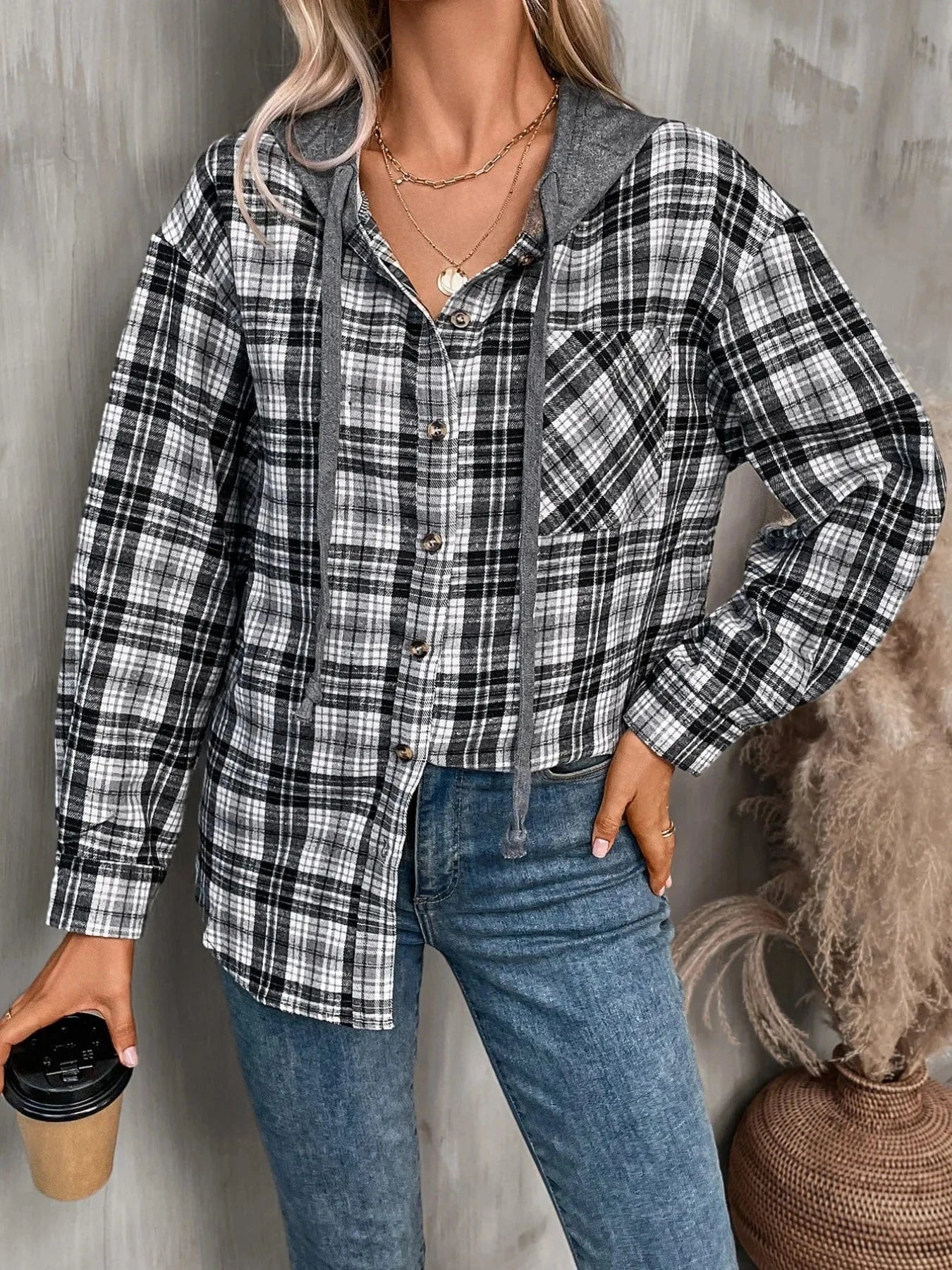 Plaid Button-Up Hooded Shirt Tops and sweaters and T-Shirts