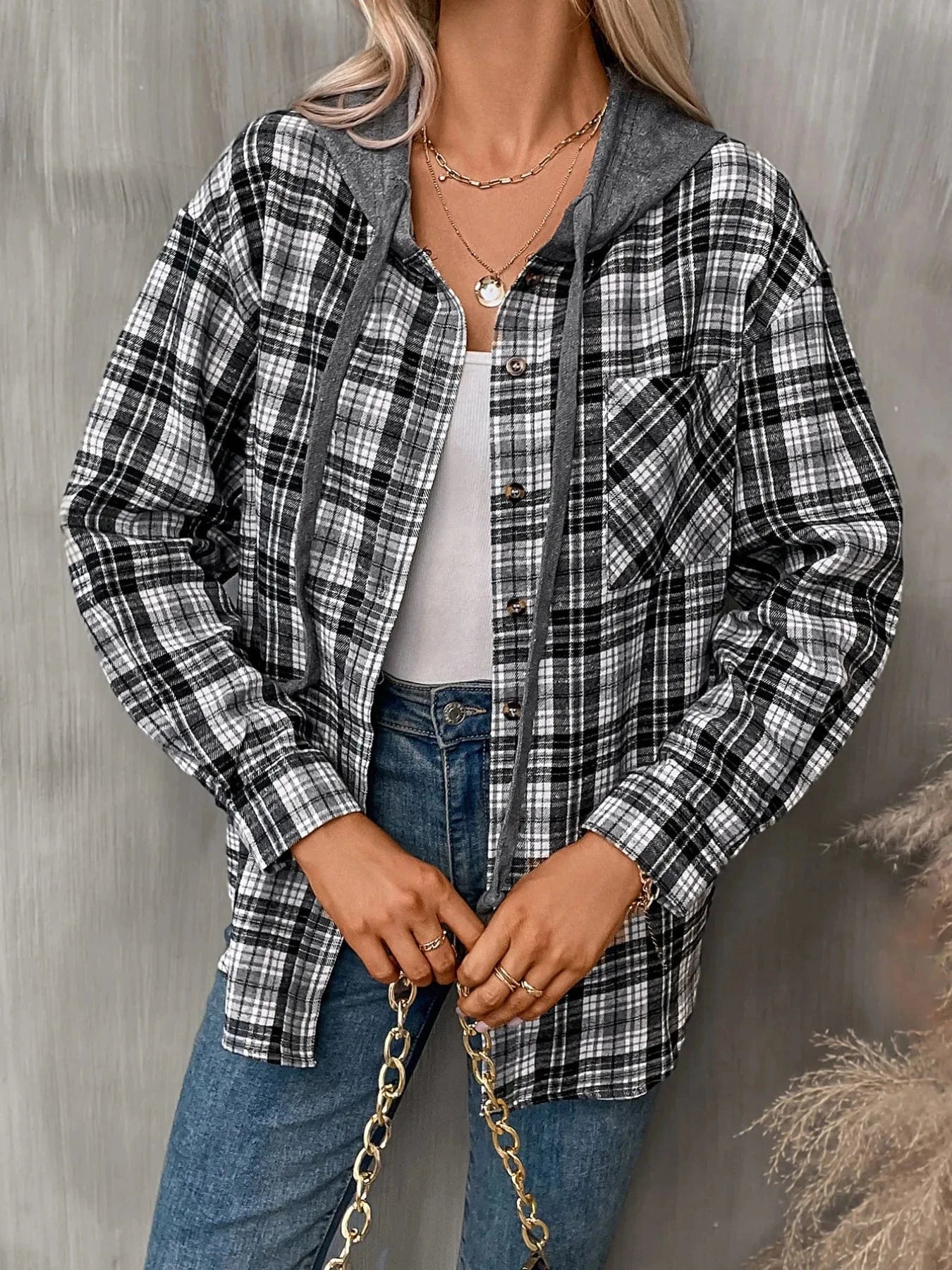 Plaid Button-Up Hooded Shirt Tops and sweaters and T-Shirts