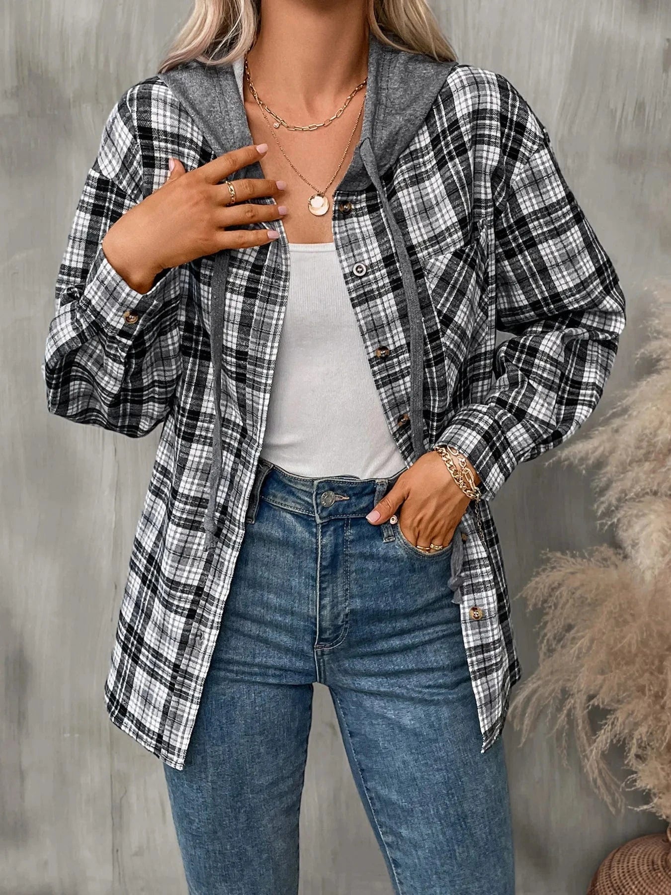 Plaid Button-Up Hooded Shirt Tops and sweaters and T-Shirts