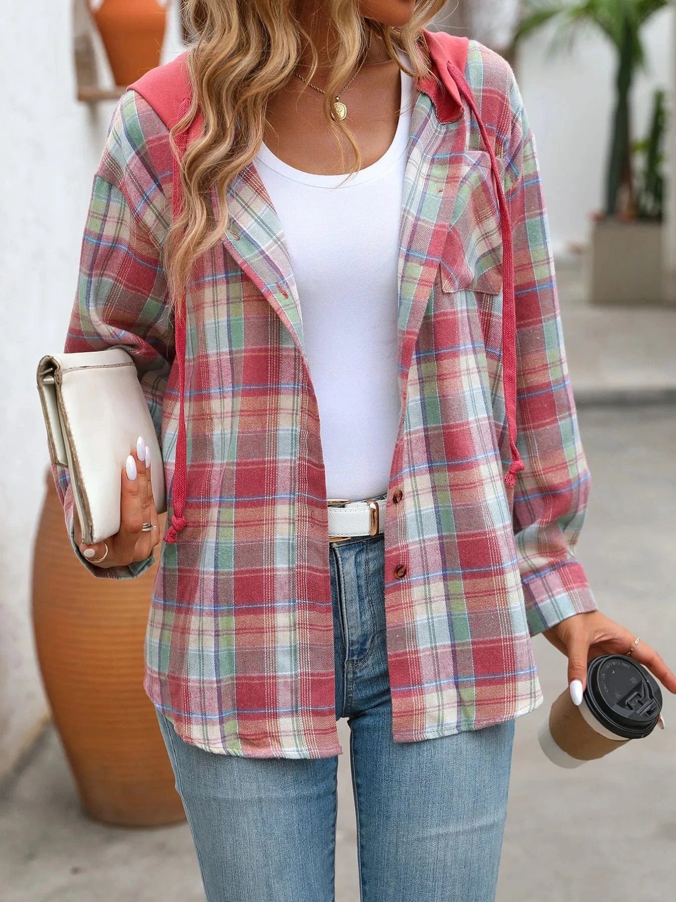 Plaid Button-Up Hooded Shirt Tops and sweaters and T-Shirts