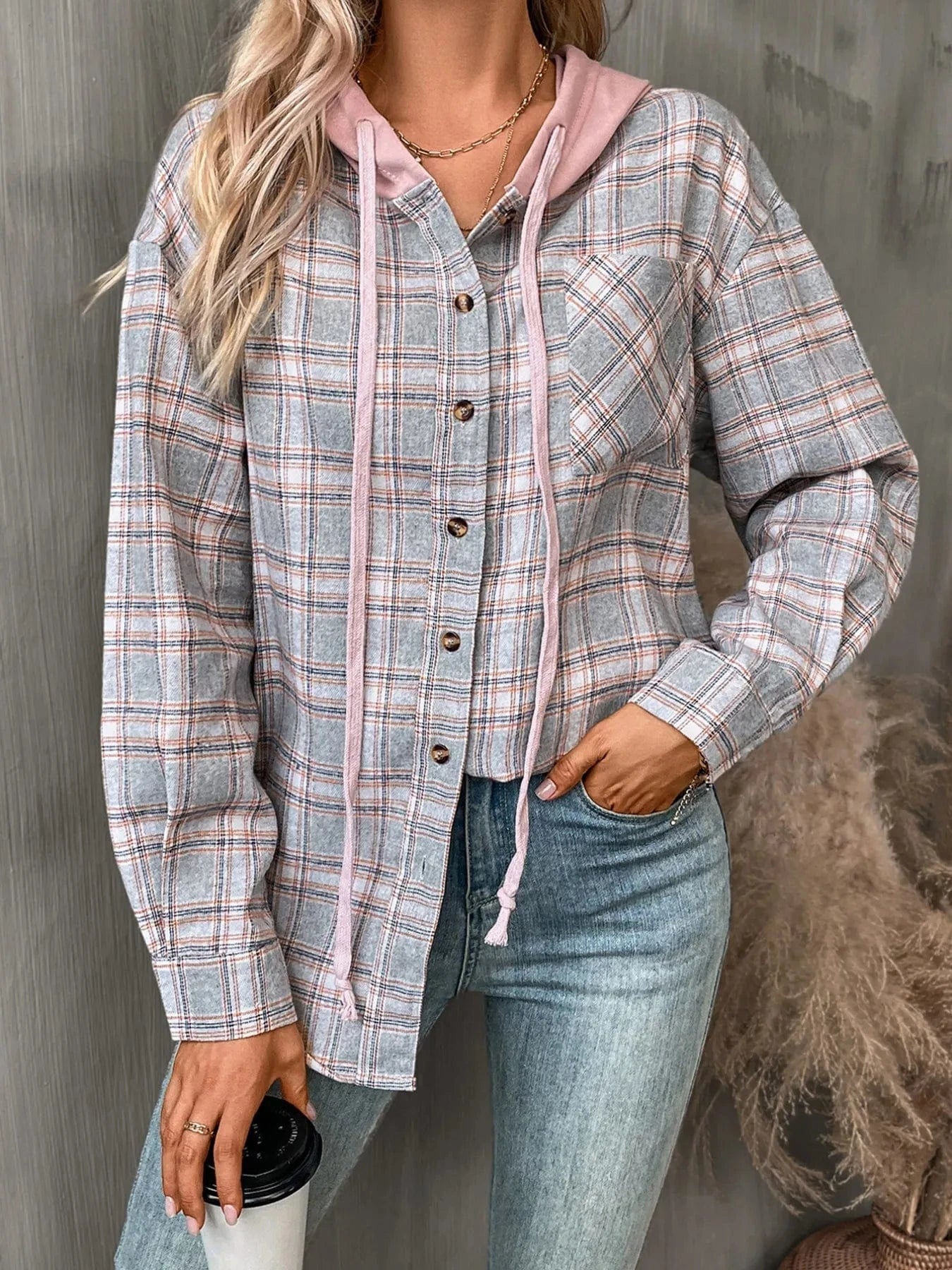 Plaid Button-Up Hooded Shirt Tops and sweaters and T-Shirts