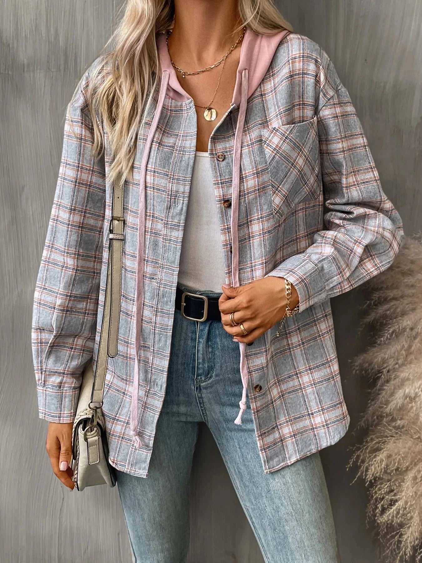 Plaid Button-Up Hooded Shirt Tops and sweaters and T-Shirts