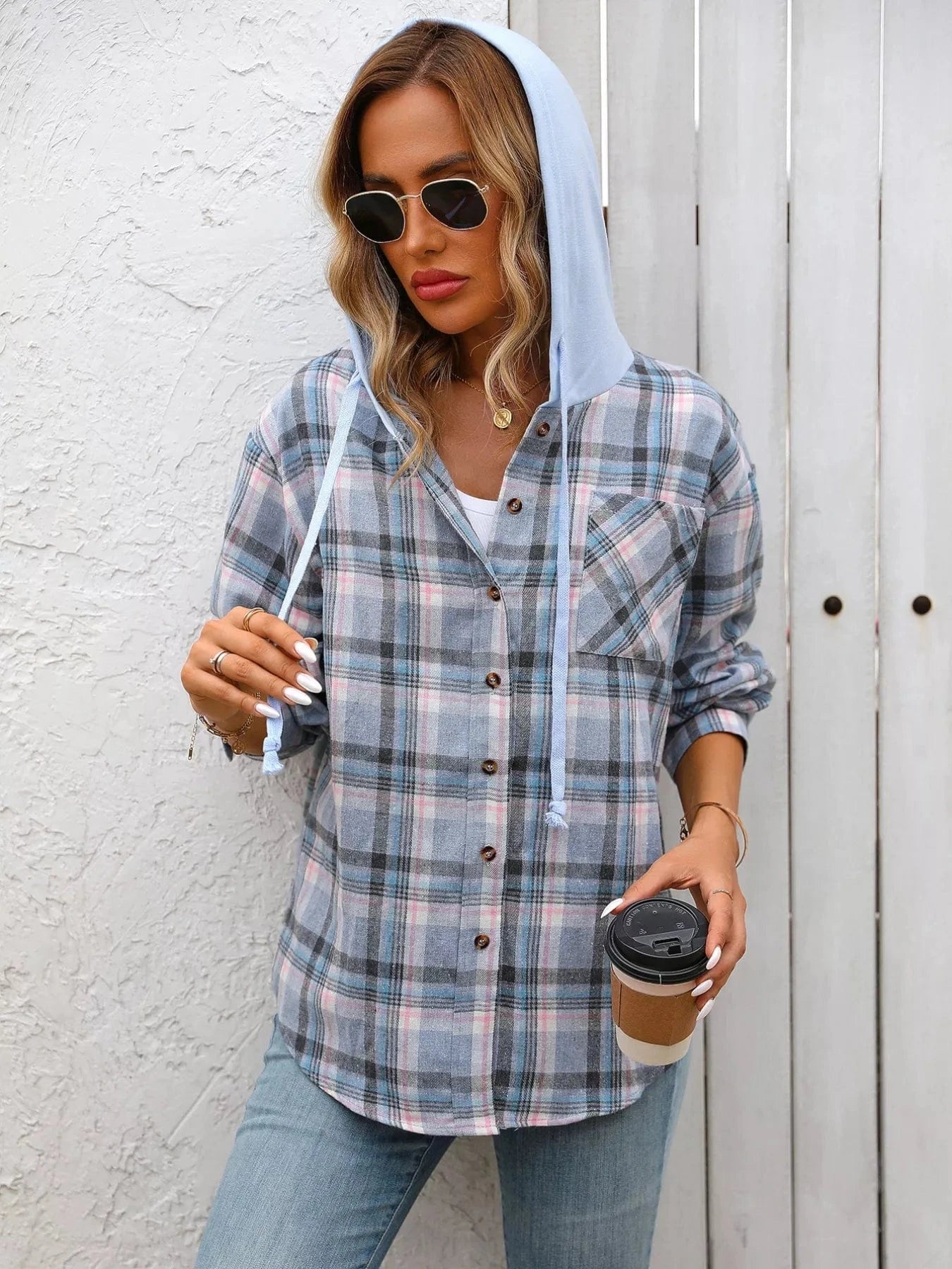 Plaid Button-Up Hooded Shirt Tops and sweaters and T-Shirts
