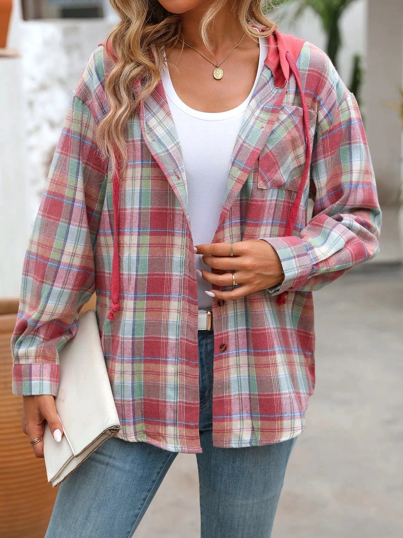 Plaid Button-Up Hooded Shirt Tops and sweaters and T-Shirts