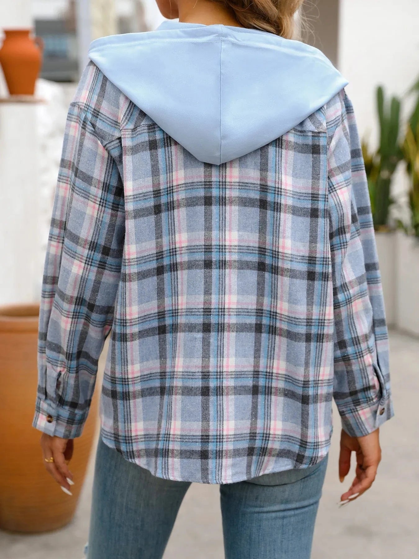Plaid Button-Up Hooded Shirt Tops and sweaters and T-Shirts