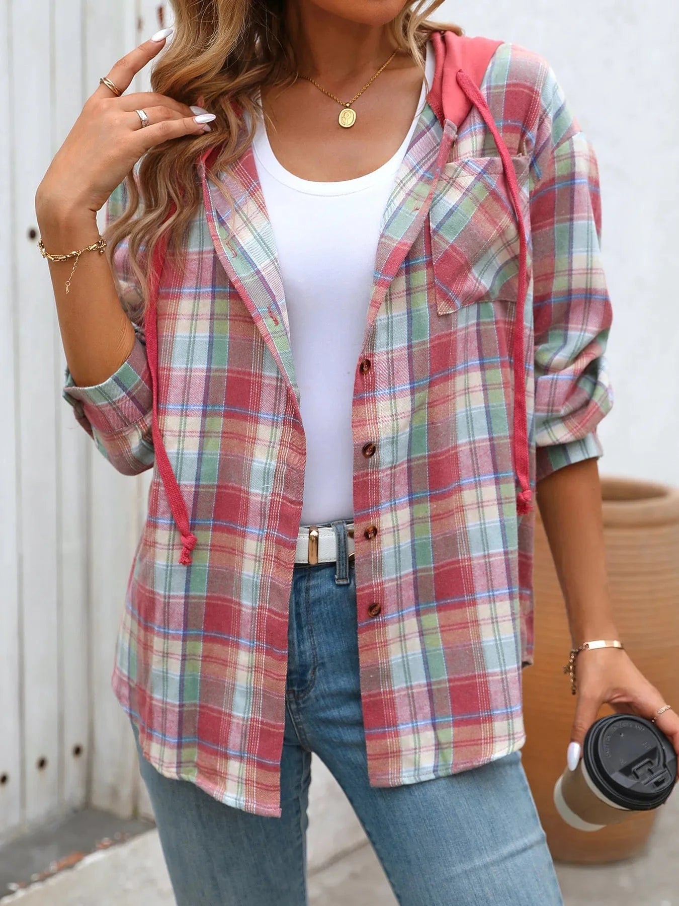 Plaid Button-Up Hooded Shirt Tops and sweaters and T-Shirts