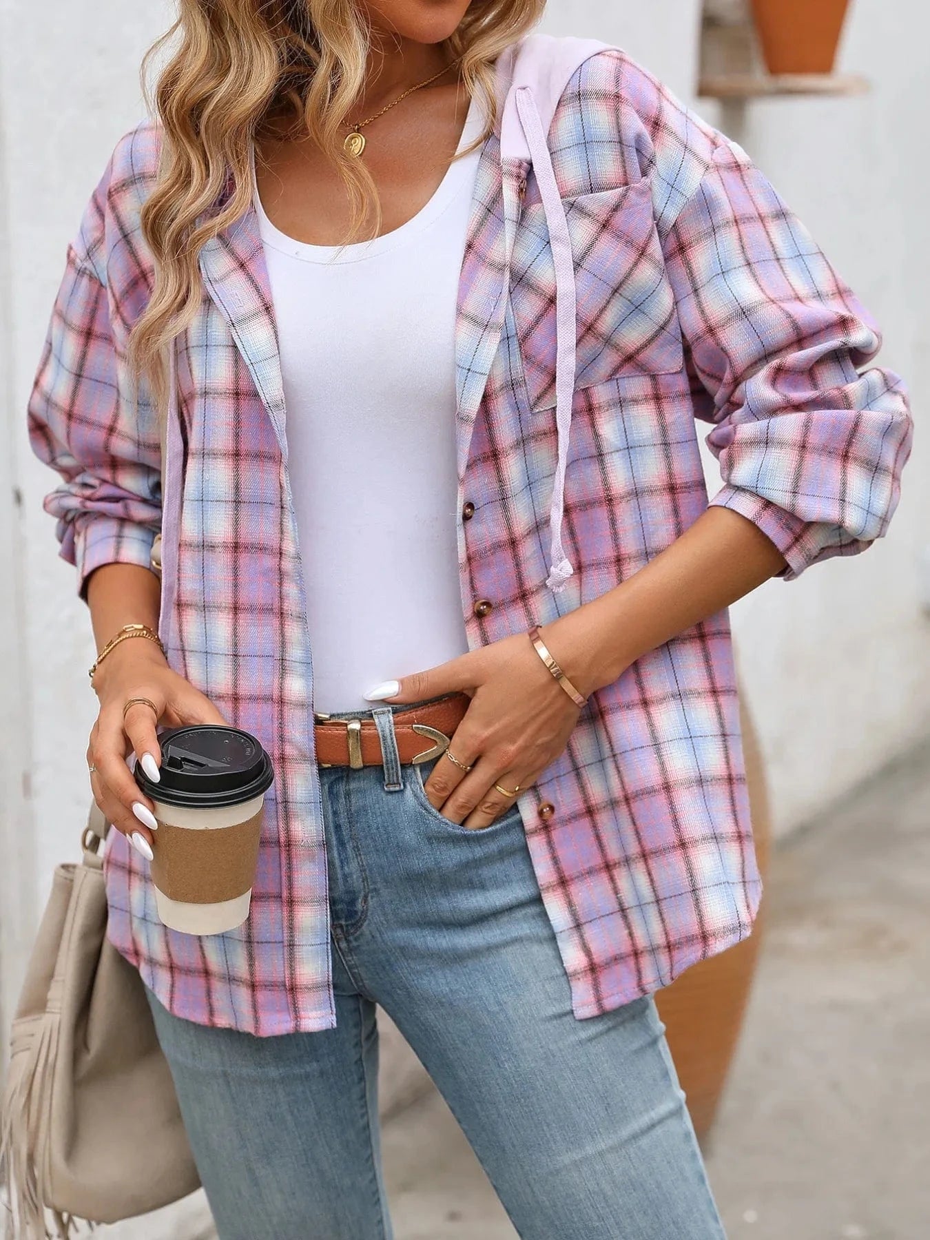 Plaid Button-Up Hooded Shirt Tops and sweaters and T-Shirts