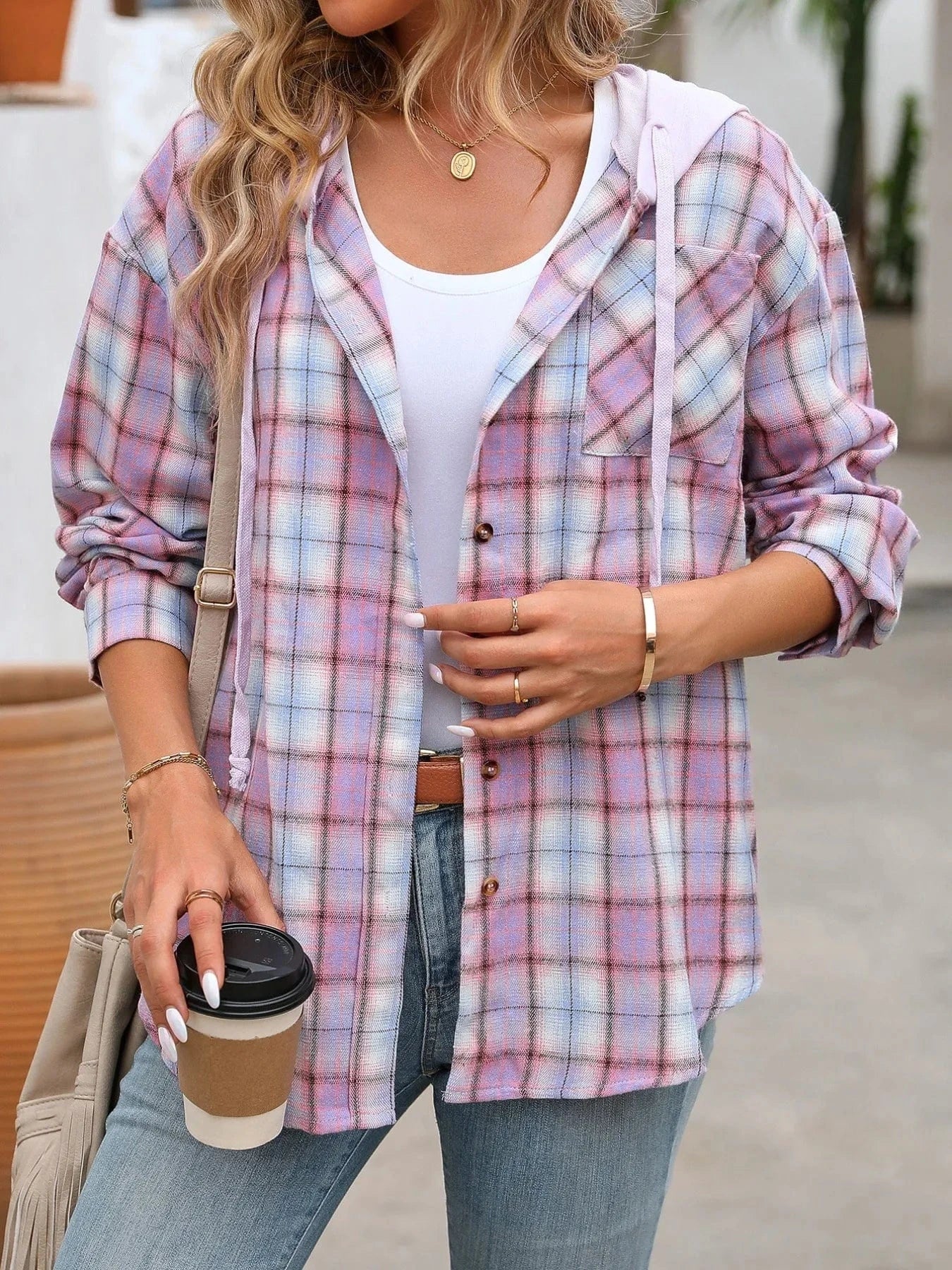Plaid Button-Up Hooded Shirt Tops and sweaters and T-Shirts