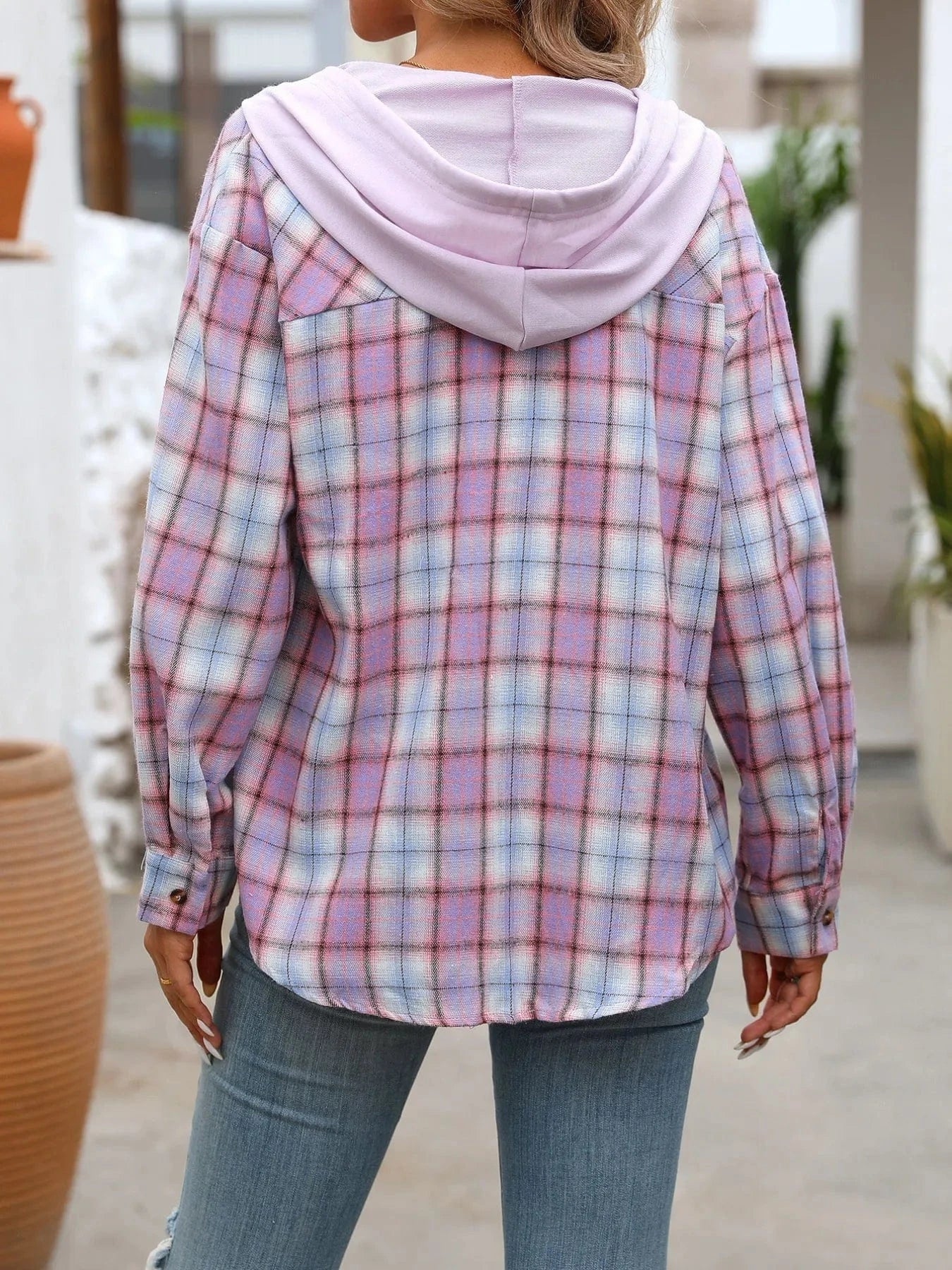 Plaid Button-Up Hooded Shirt Tops and sweaters and T-Shirts