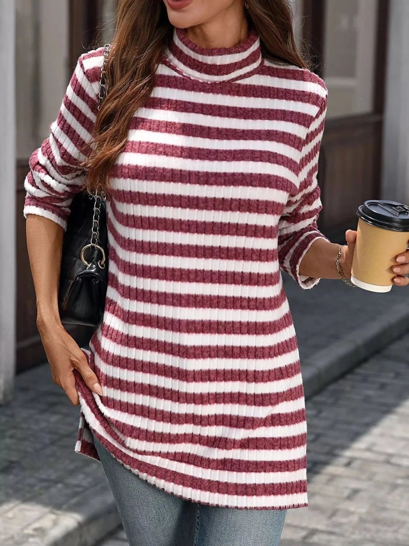 Purple Striped Turtleneck Long Sleeve Knit Top Tops and sweaters and T-Shirts