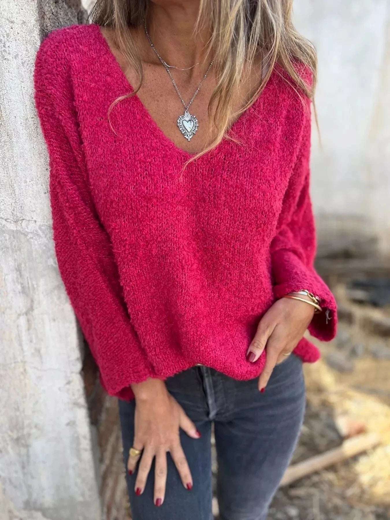 Red Full Size V-Neck Long Sleeve Sweater Plus Size Tops and sweaters and T-Shirts