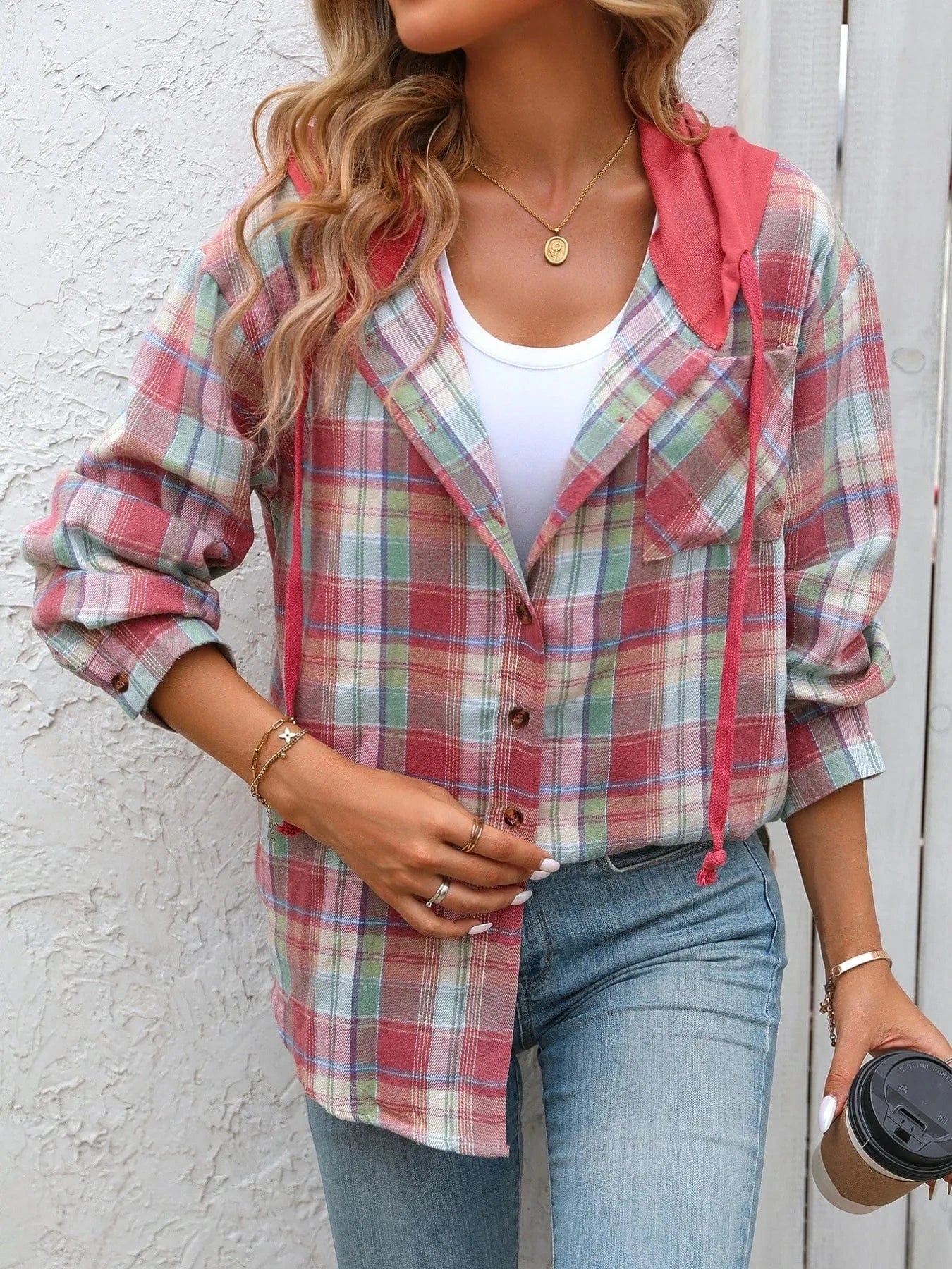 Red Plaid Button-Up Hooded Shirt Tops and sweaters and T-Shirts