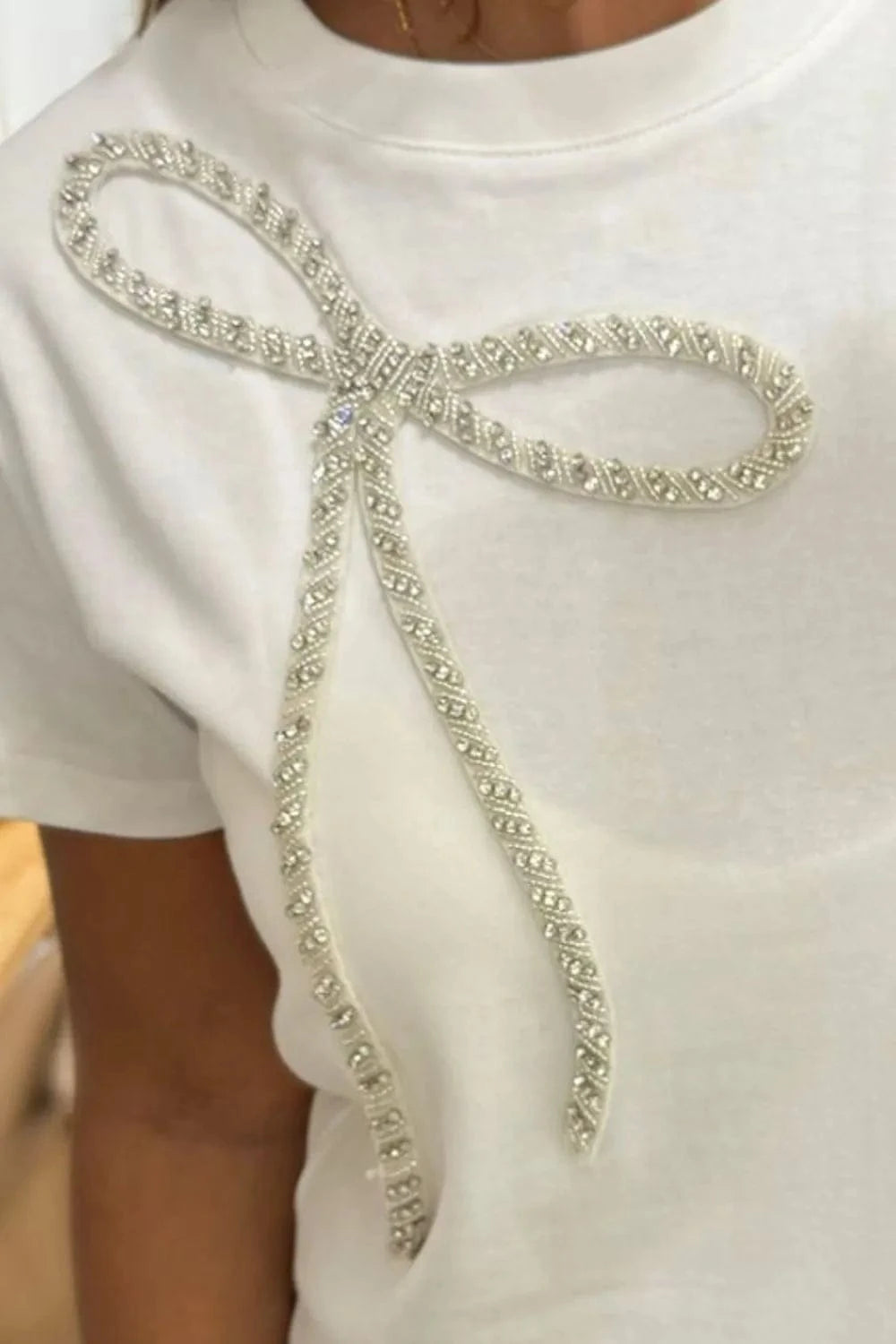 Rhinestone Bow Round Neck Short Sleeve T-Shirt Tops and sweaters and T-Shirts