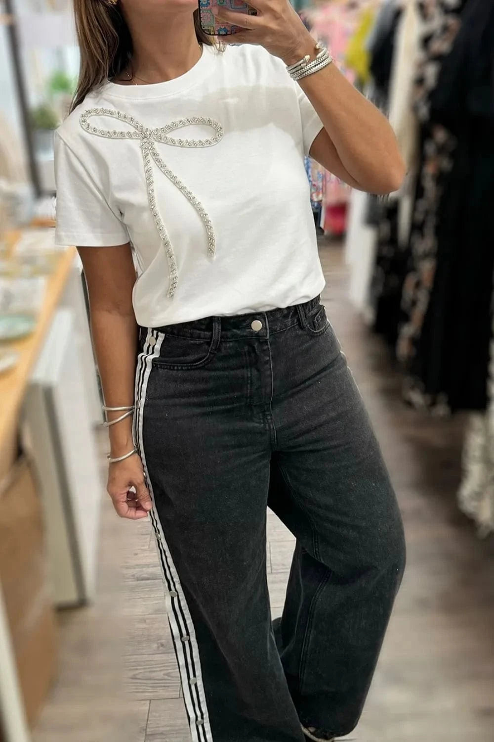 Rhinestone Bow Round Neck Short Sleeve T-Shirt Tops and sweaters and T-Shirts