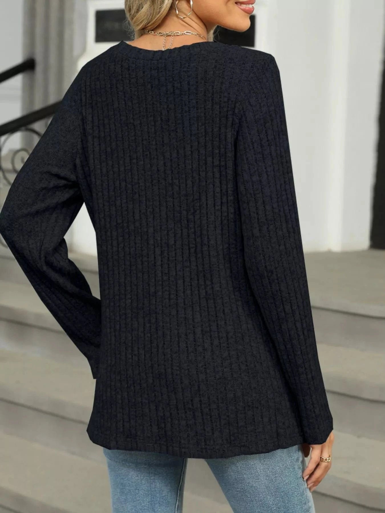 Ribbed Round Neck Long Sleeve Top Tops and sweaters and T-Shirts