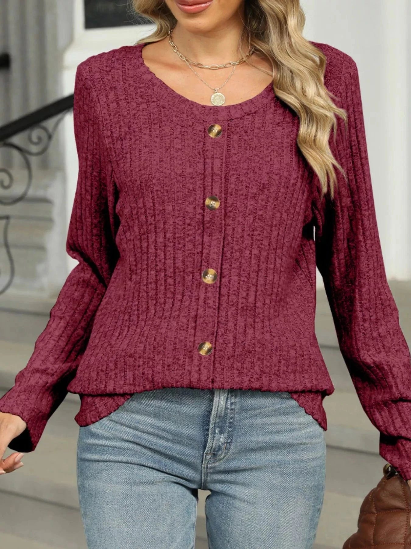 Ribbed Round Neck Long Sleeve Top Tops and sweaters and T-Shirts