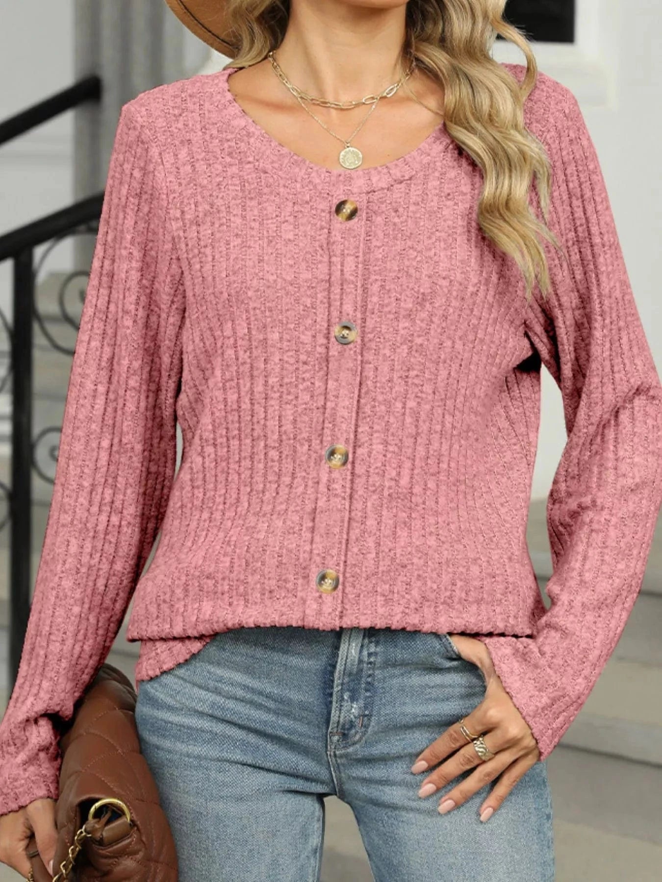 Ribbed Round Neck Long Sleeve Top Tops and sweaters and T-Shirts
