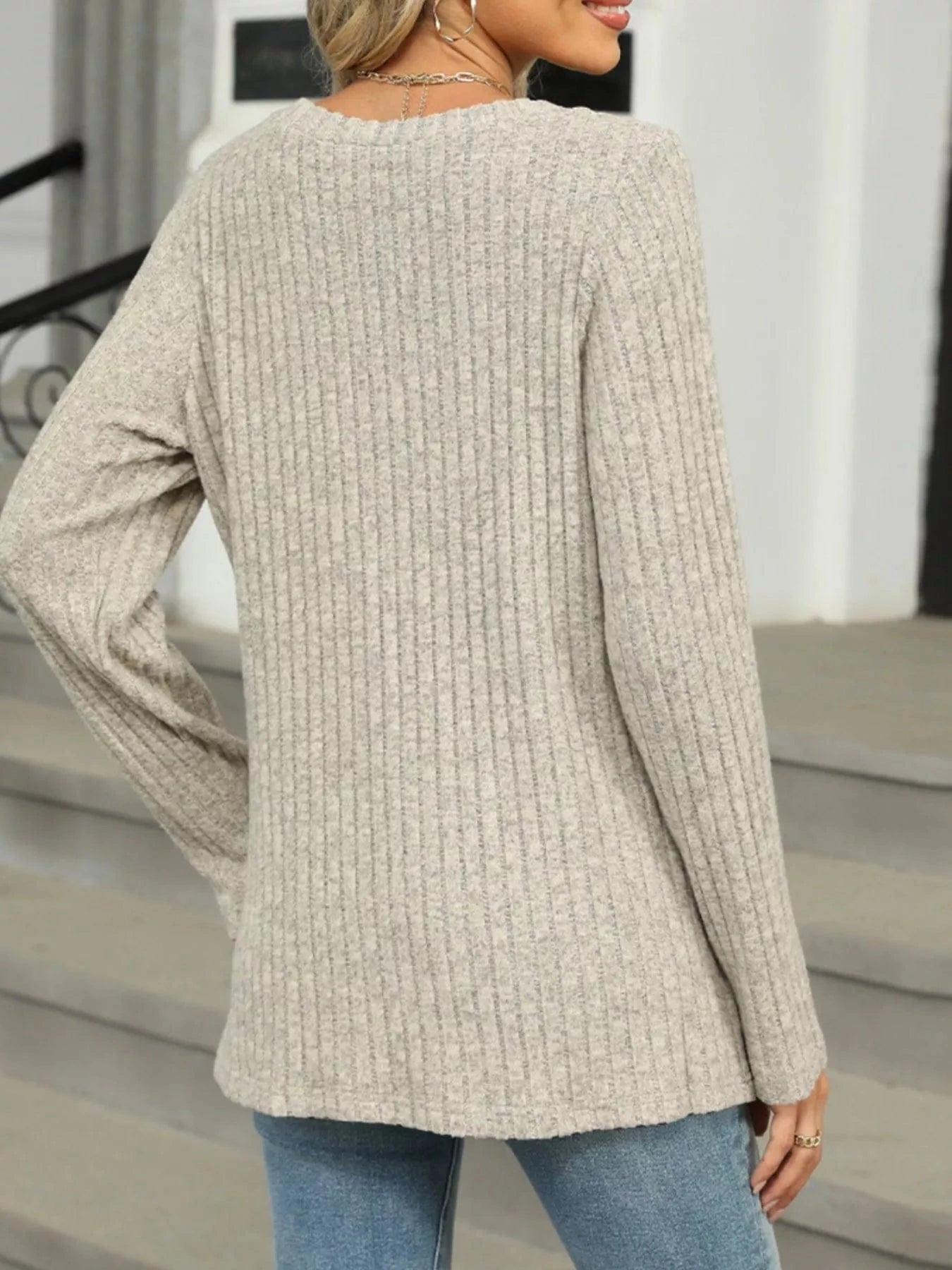 Ribbed Round Neck Long Sleeve Top Tops and sweaters and T-Shirts
