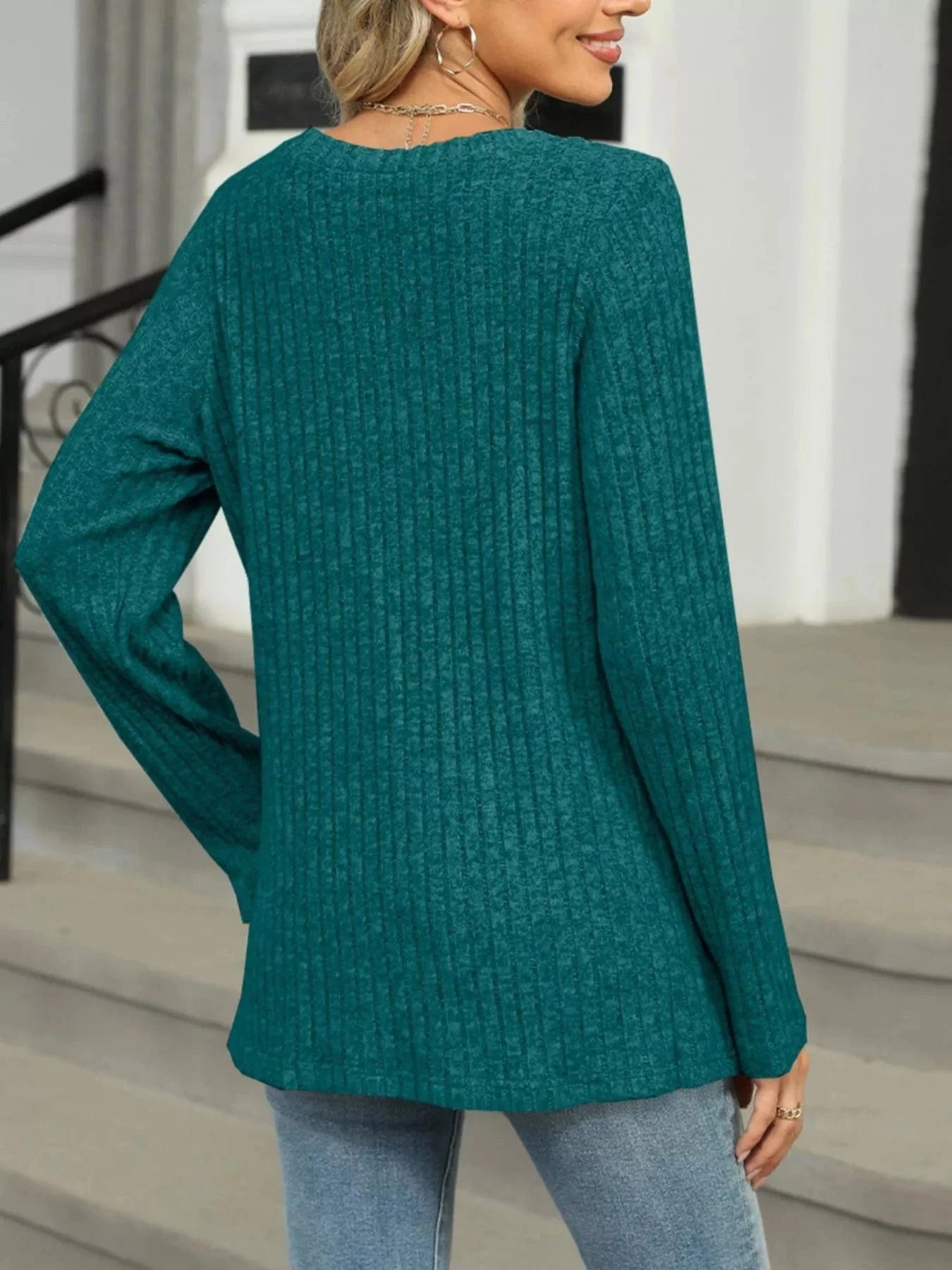 Ribbed Round Neck Long Sleeve Top Tops and sweaters and T-Shirts