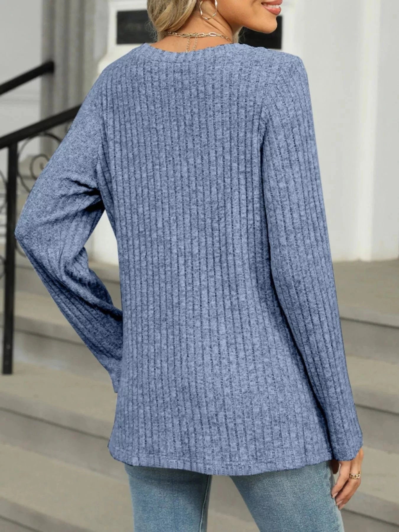 Ribbed Round Neck Long Sleeve Top Tops and sweaters and T-Shirts