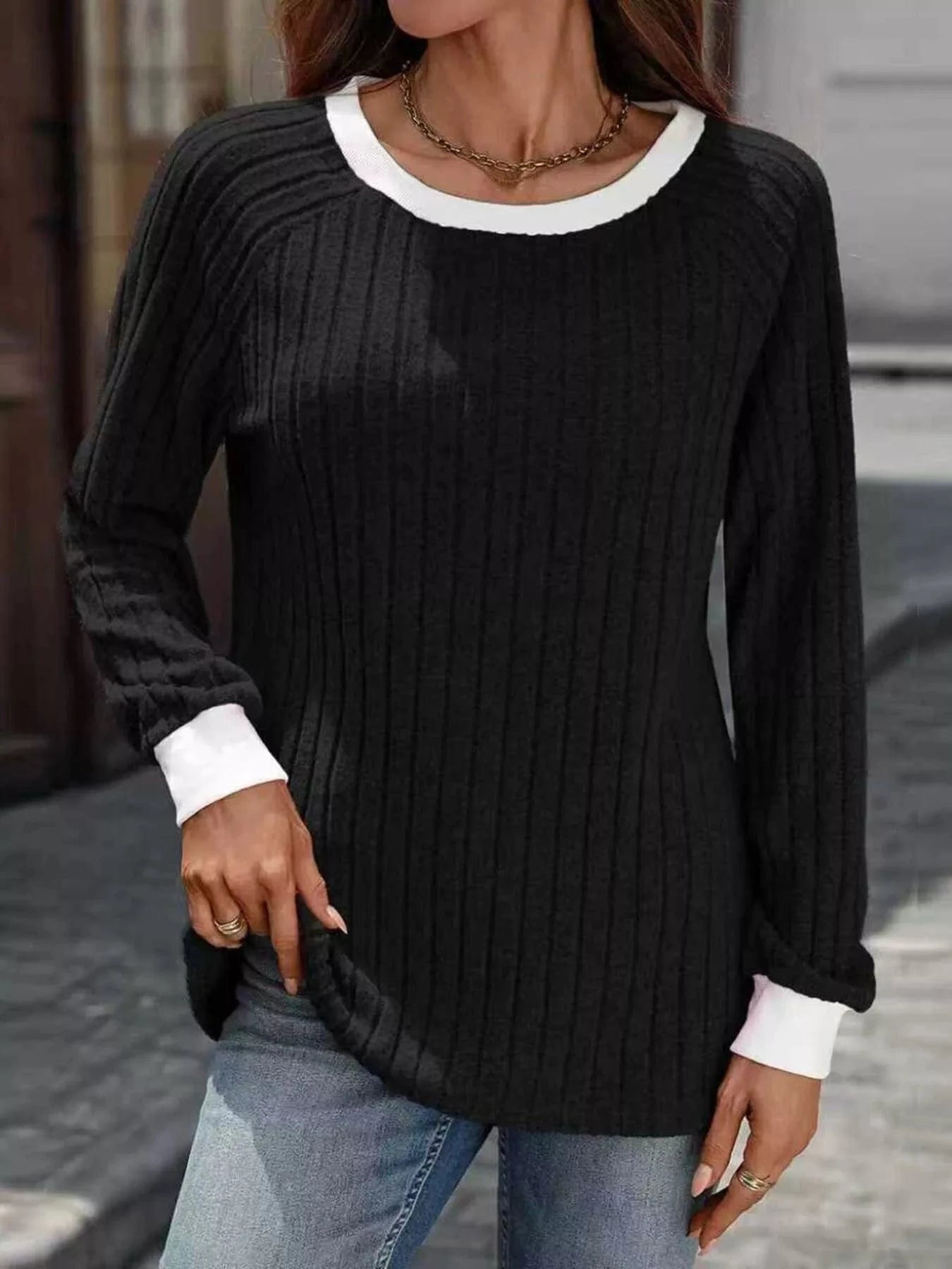 Ribbed Round Neck Raglan Sleeve Knit Top Tops and sweaters and T-Shirts