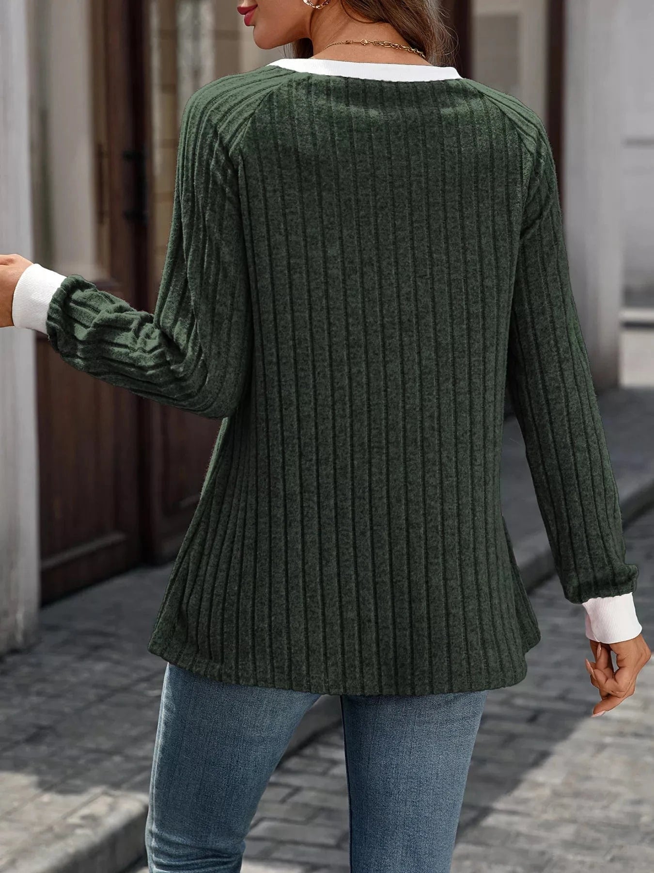 Ribbed Round Neck Raglan Sleeve Knit Top Tops and sweaters and T-Shirts