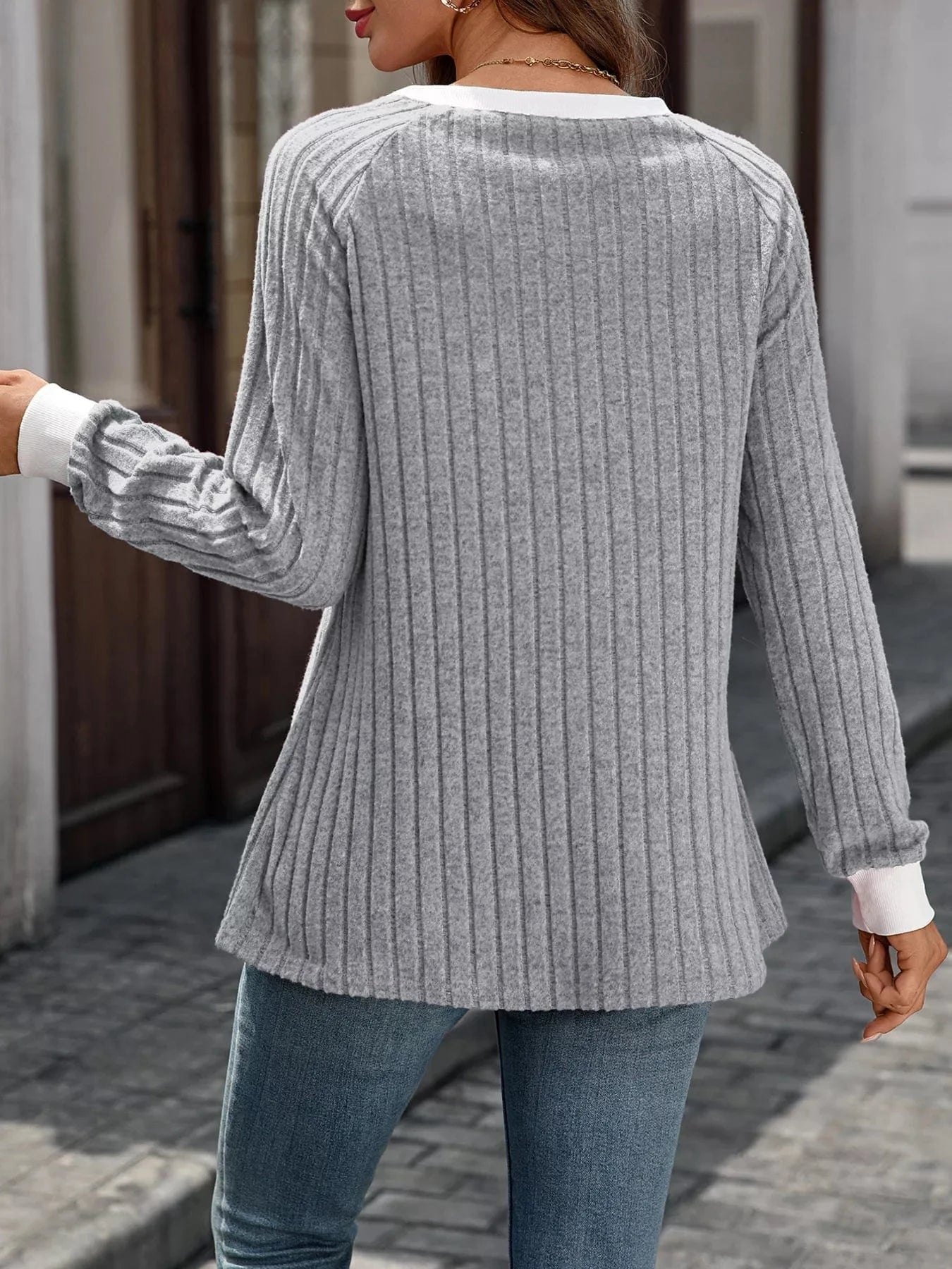 Ribbed Round Neck Raglan Sleeve Knit Top Tops and sweaters and T-Shirts