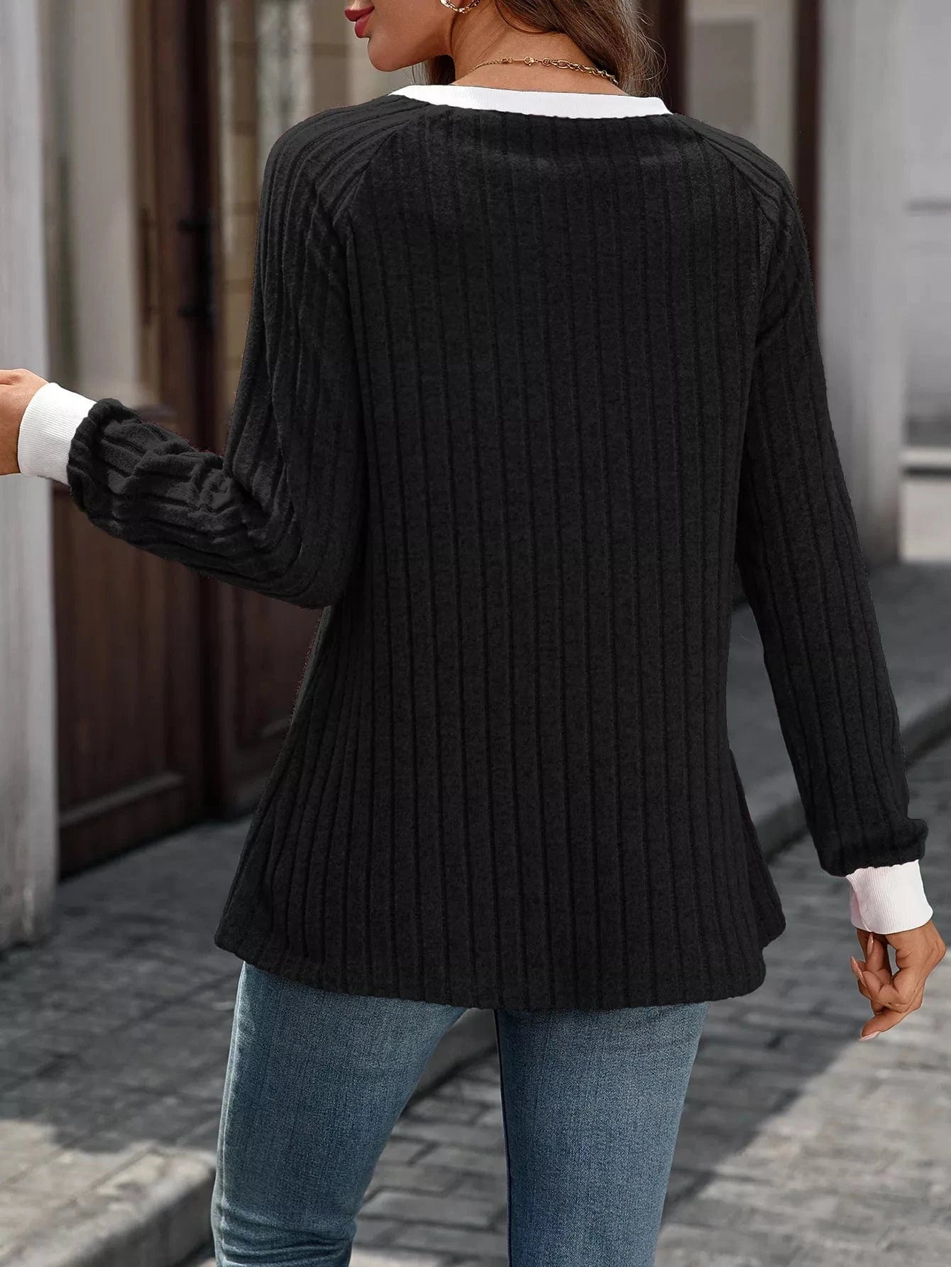 Ribbed Round Neck Raglan Sleeve Knit Top Tops and sweaters and T-Shirts