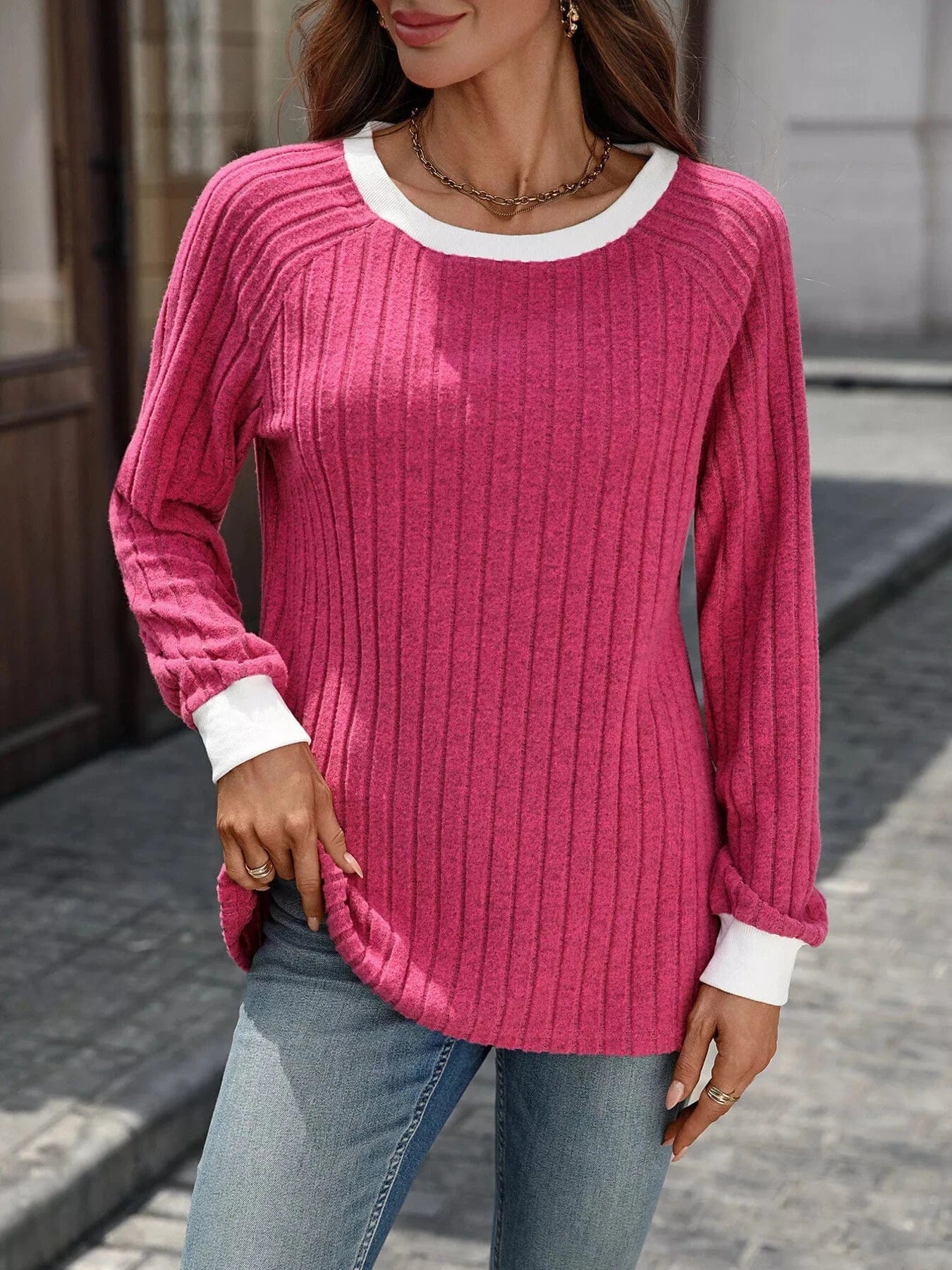 Ribbed Round Neck Raglan Sleeve Knit Top Tops and sweaters and T-Shirts