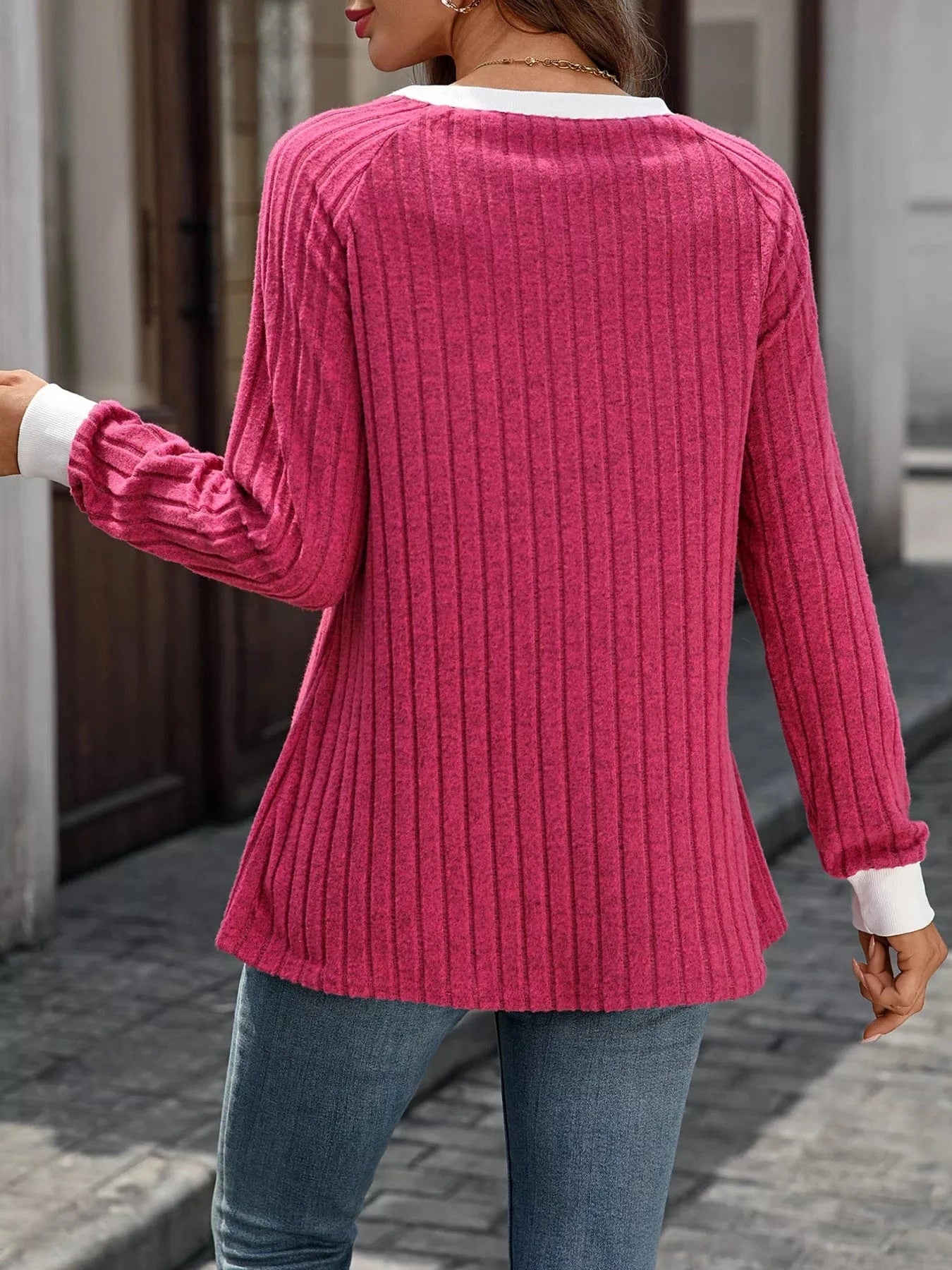 Ribbed Round Neck Raglan Sleeve Knit Top Tops and sweaters and T-Shirts