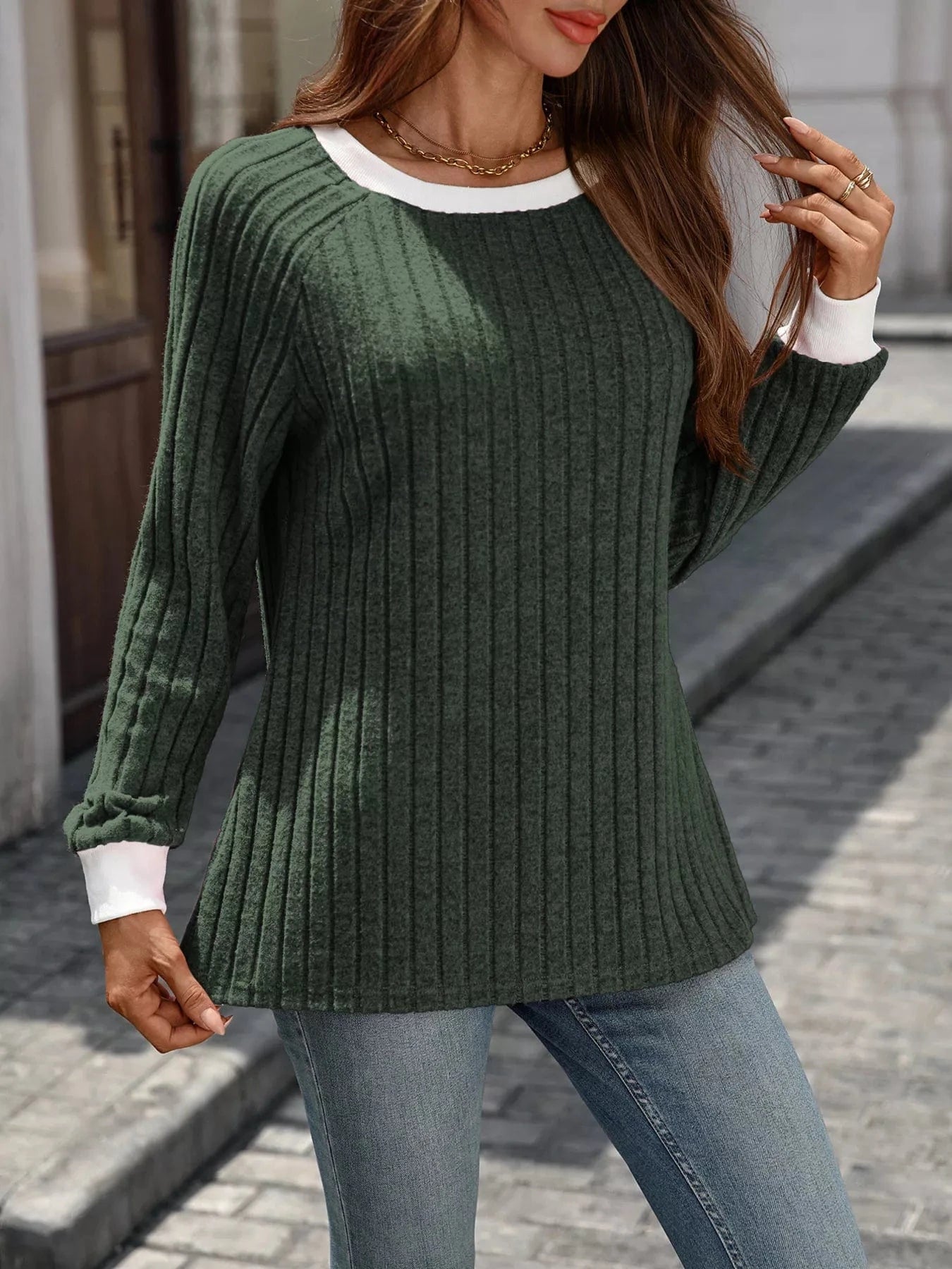 Ribbed Round Neck Raglan Sleeve Knit Top Tops and sweaters and T-Shirts